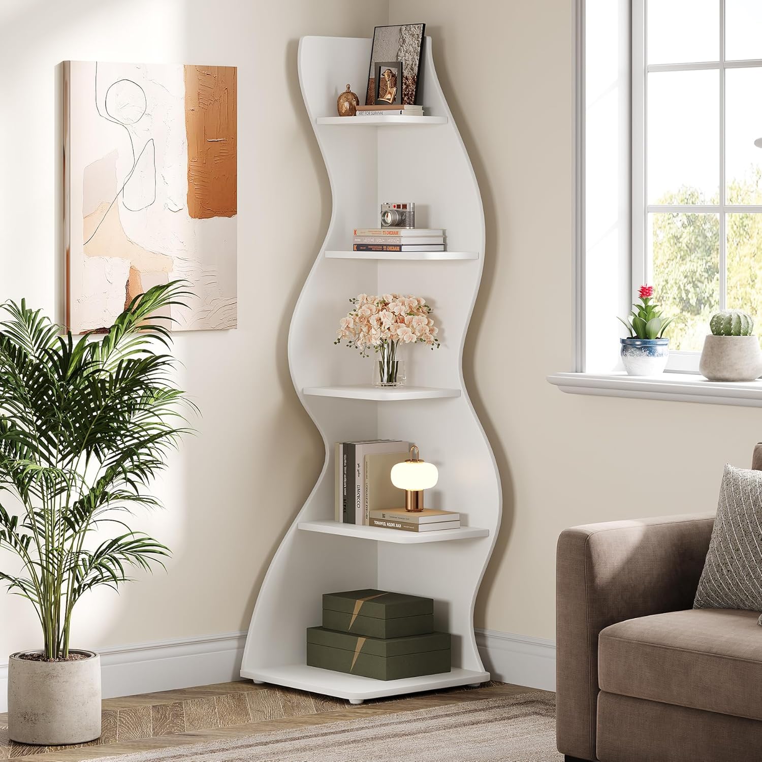 Tribesigns Wavy Corner Shelf, Modern 5-Tier Bookshelf Bookcase with Curvy Shape, Unique Plant Stand Display Rack for Living Room Small Space (Green)