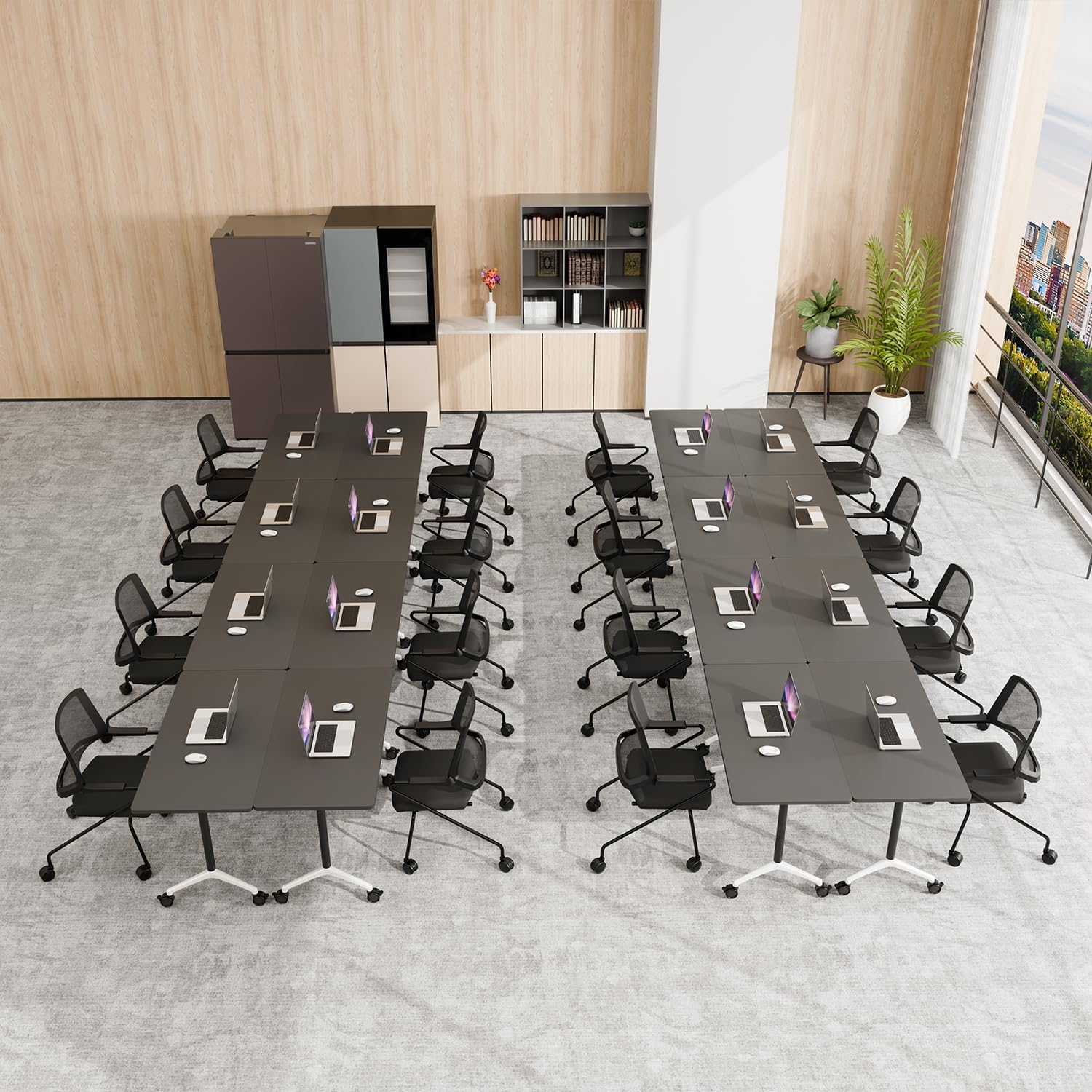 Black Folding Conference Tables with Silent Wheels, 4 Pack Commercial Office Meeting & Training Seminar Tables, Mobile Modular Conference Room Table with Strong Metal Frame for Company, School
