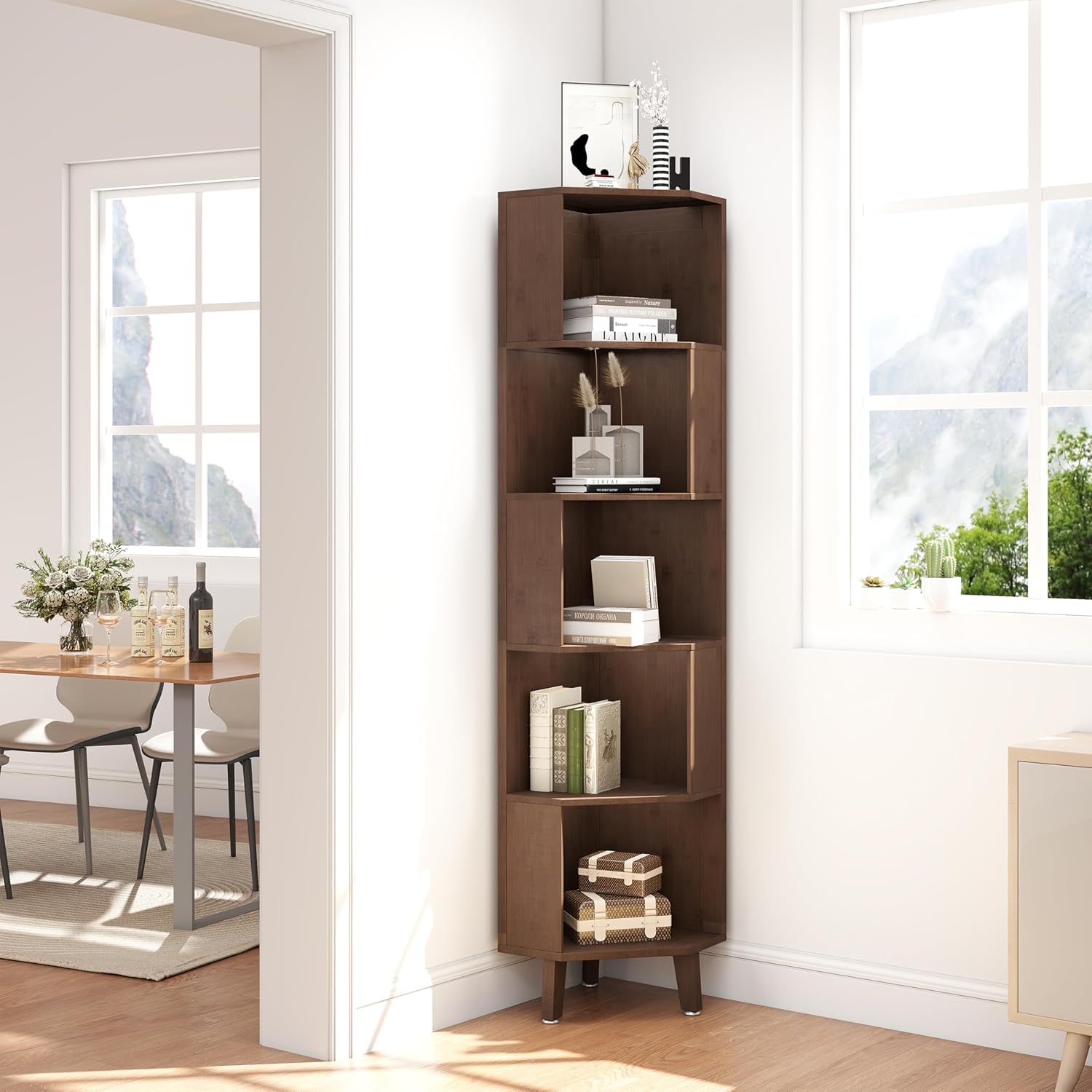 5-Tier Corner Bookshelf Bamboo Bookcase 71.5″ Corner Storage Shelves for Living Room,Bedroom,Kitchen, Study,Home Office