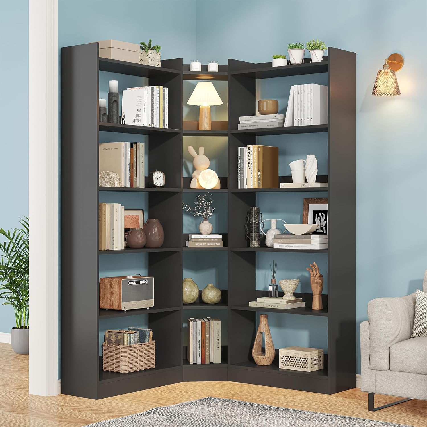 Semoic 70.8" Tall Corner Bookshelf, 7 Tiers Large Etagere Bookcases with Baffles, L-Shaped Modern Storage Display Rack Industrial Bookshelves for Bedroom, Home Office, Living Room & Kitchen, Black