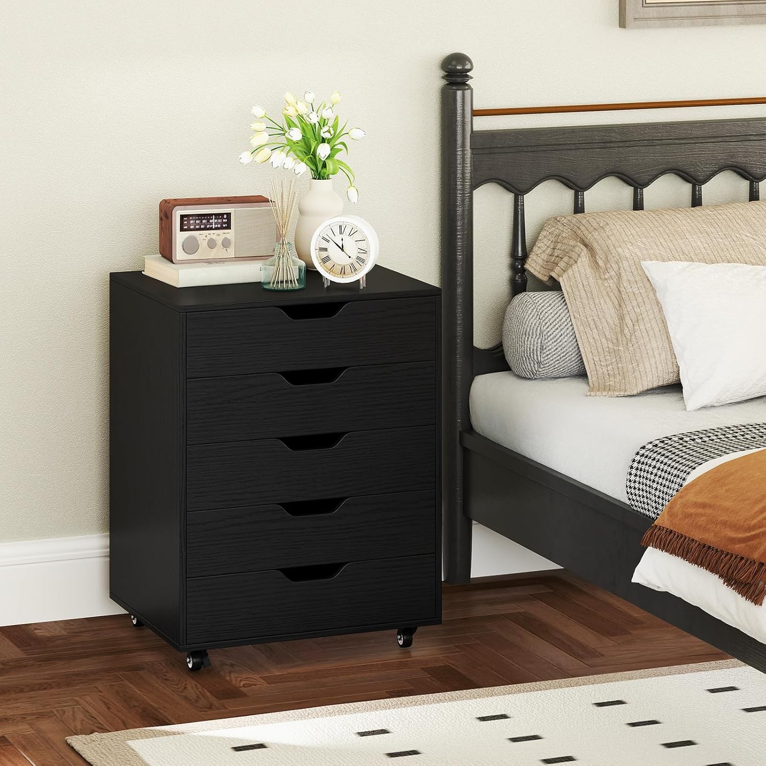 LOKO 5-Drawer Storage Cabinet, Versatile Drawer of Chest with Lockable Wheels, Mobile Office Lateral File Cabinet, for Home Office, Study (Black, 16" D x 19.5" W x 25.5" H)