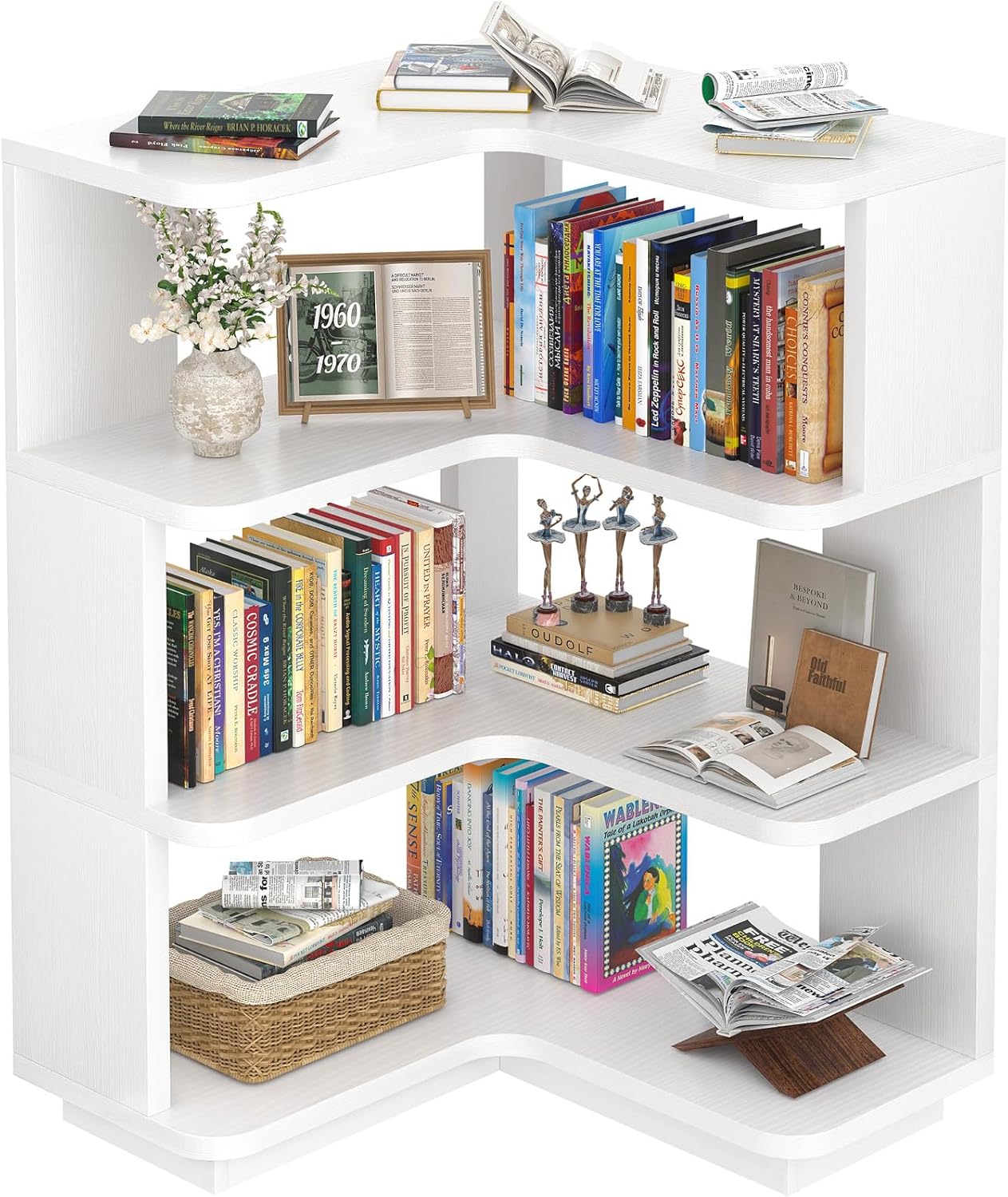 Armocity Corner Book Shelf - 6 Tier Corner Bookshelf Etagere Bookcase with Baffle, Freestanding L Shaped Display Shelf Stand for Home Office, Living Room, Bedroom, Kitchen, White