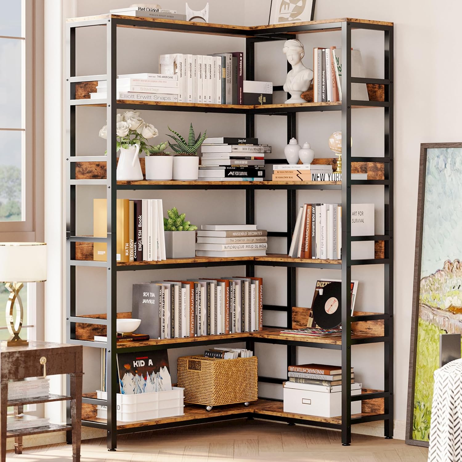 IRONCK Industrial Bookshelves 6 Tiers Corner Bookcases with Baffles Etagere Shelf Storage Rack with Metal Frame for Living Room Home Office