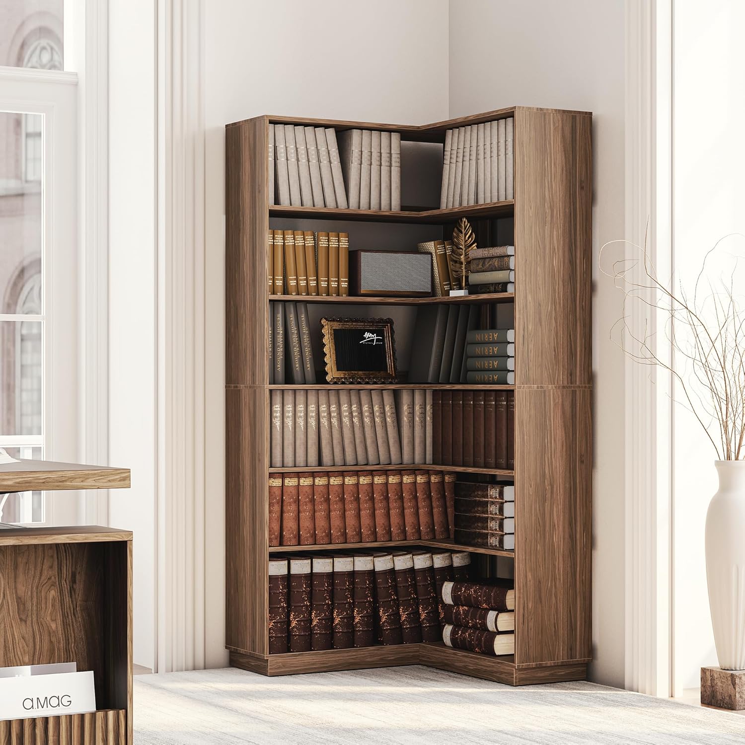 Corner Bookshelf, 6 Tier 73 Inch Corner Bookcase with Baffles, Wooden Tall Book Shelf Storage Shelves for Home Office Living Room, Black Walnut