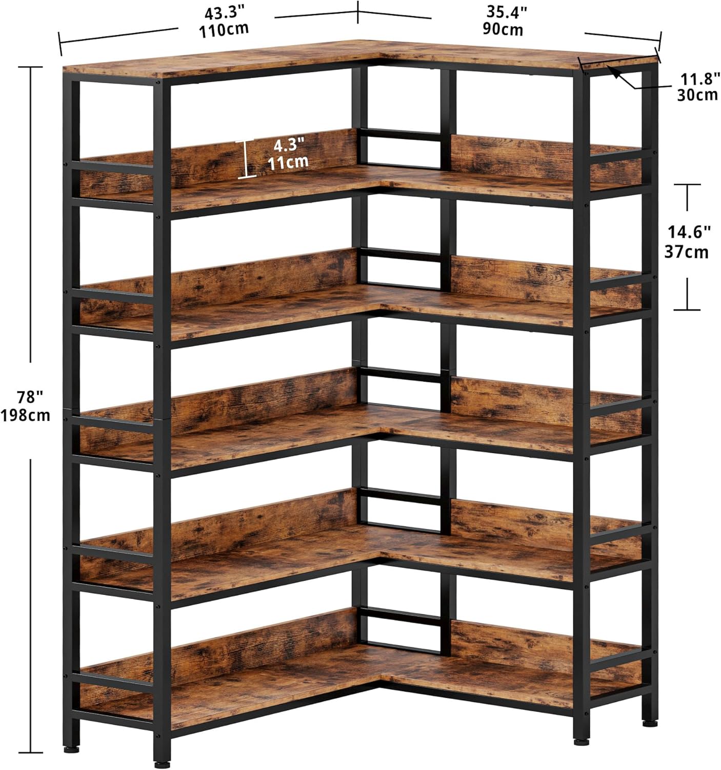 IRONCK Industrial Bookshelves 6 Tiers Corner Bookcases with Baffles Etagere Shelf Storage Rack with Metal Frame for Living Room Home Office