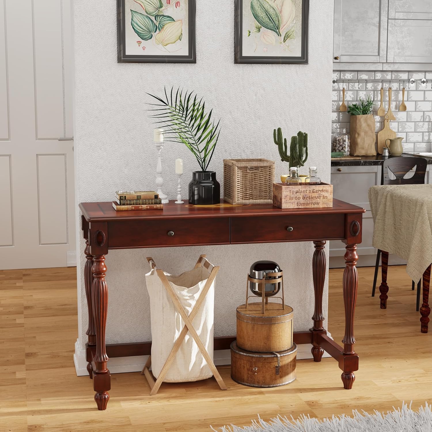 LEEMTORIG Vintage Solid Wood Writing Desk with Drawers, 46" W Antique Secretary Desk Cherry Wood Writing Table for Home Office, Victorian Style Mahogany Desks, Cherry Walnut BSZ-1533-WD