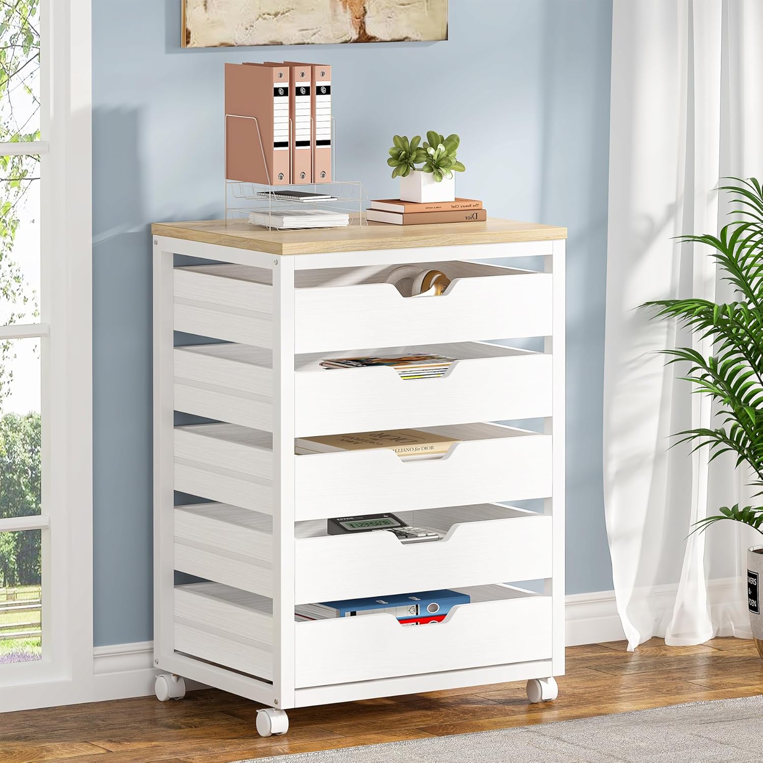 Tribesigns 5-Drawer File Cabinet, Wood Mobile Storage Drawer Unit, Modern Office Cabinet with Drawers & Wheels, Rolling Printer Stand for Home Office (White)