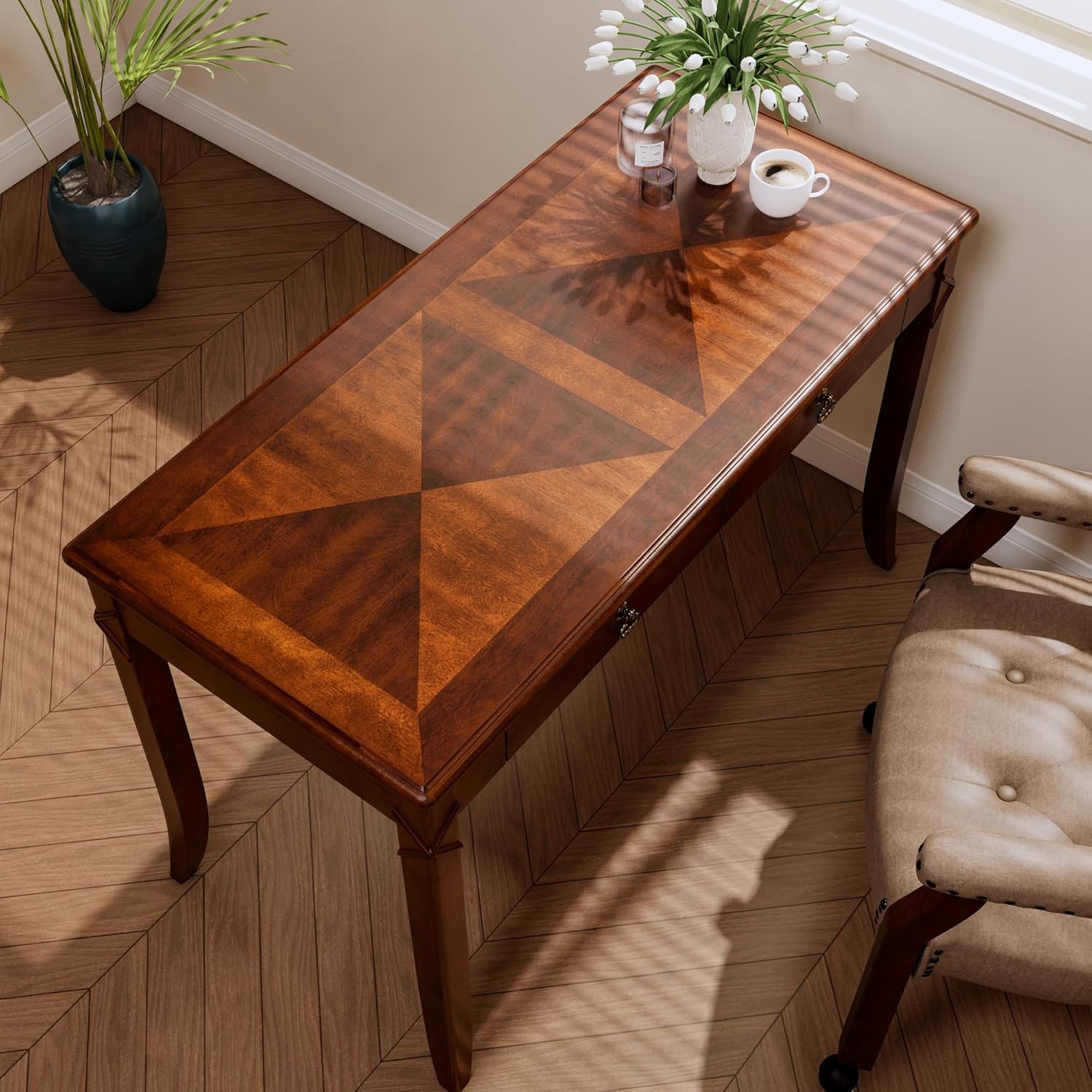 LEEMTORIG Vintage Solid Wood Writing Desk with Drawers, 46" W Antique Secretary Desk Cherry Wood Writing Table for Home Office, Victorian Style Mahogany Desks, Cherry Walnut BSZ-1533-WD