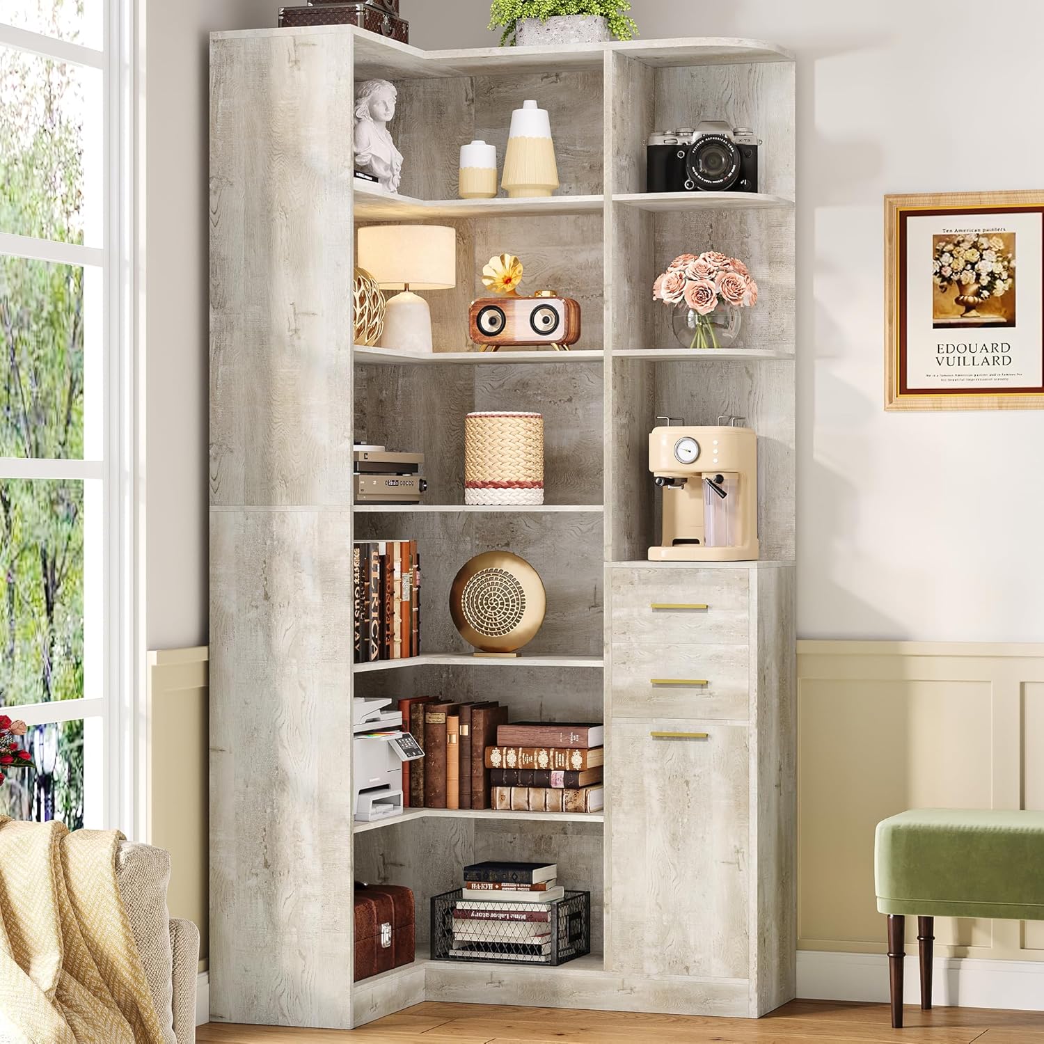 IRONCK Corner Bookshelf, 76" Tall Corner Bookshelves, 6 Tiers L-Shaped Bookcase with 10 Open Shelves and 2 Storage Drawers for Living Room or Home Office