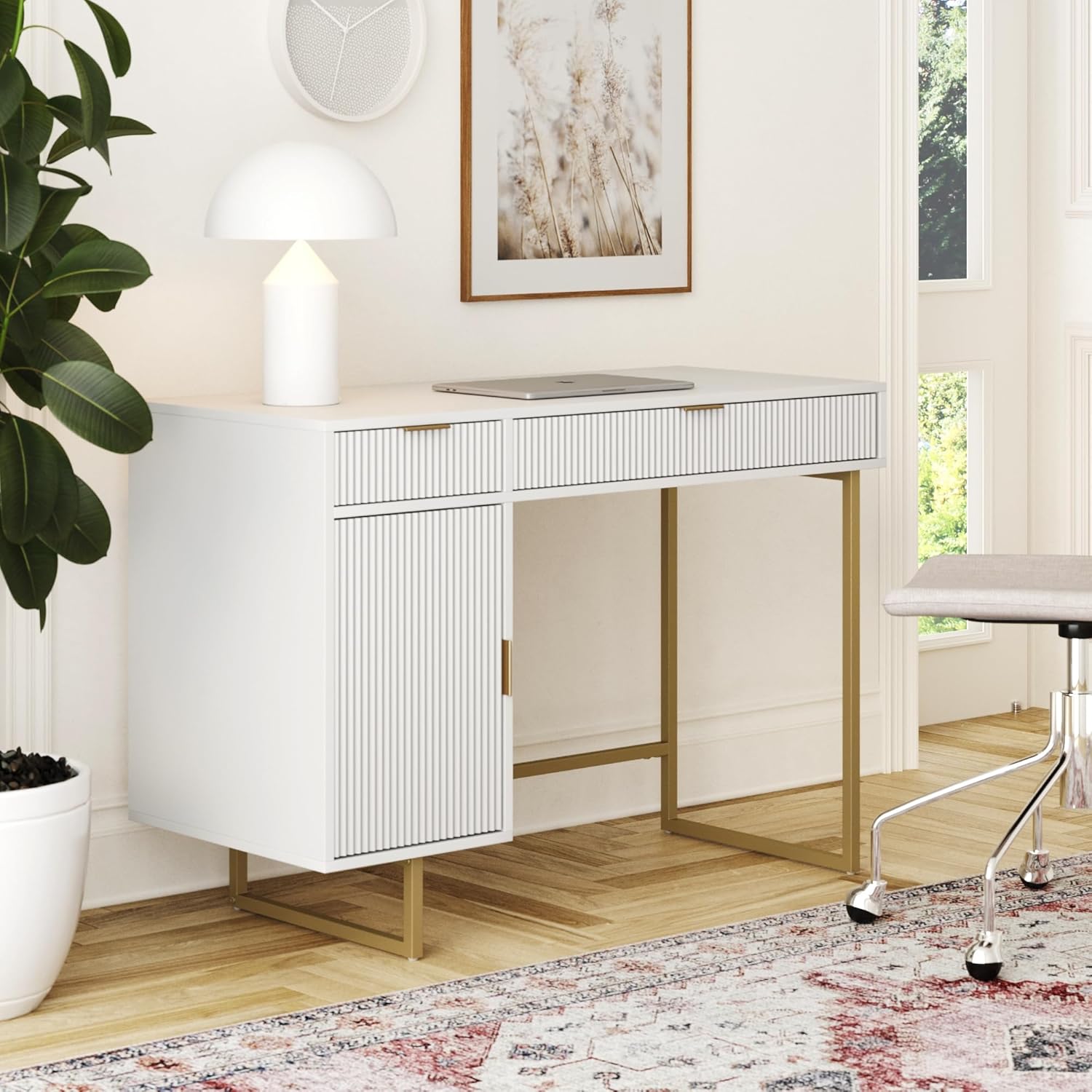 Nathan James Parker Modern Home Office Writing, Computer or Laptop Desk with Open Storage Cubby and Small Drawer, Walnut