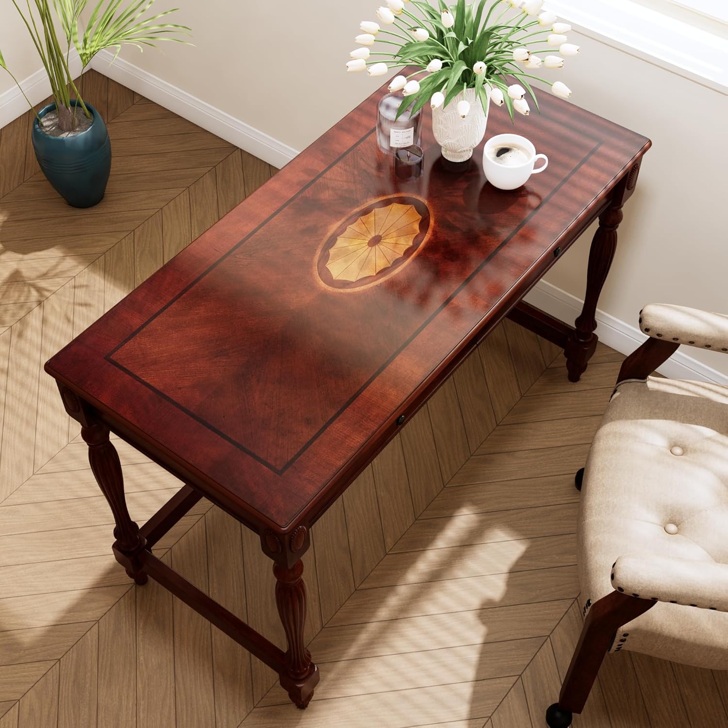 LEEMTORIG Vintage Solid Wood Writing Desk with Drawers, 46" W Antique Secretary Desk Cherry Wood Writing Table for Home Office, Victorian Style Mahogany Desks, Cherry Walnut BSZ-1533-WD