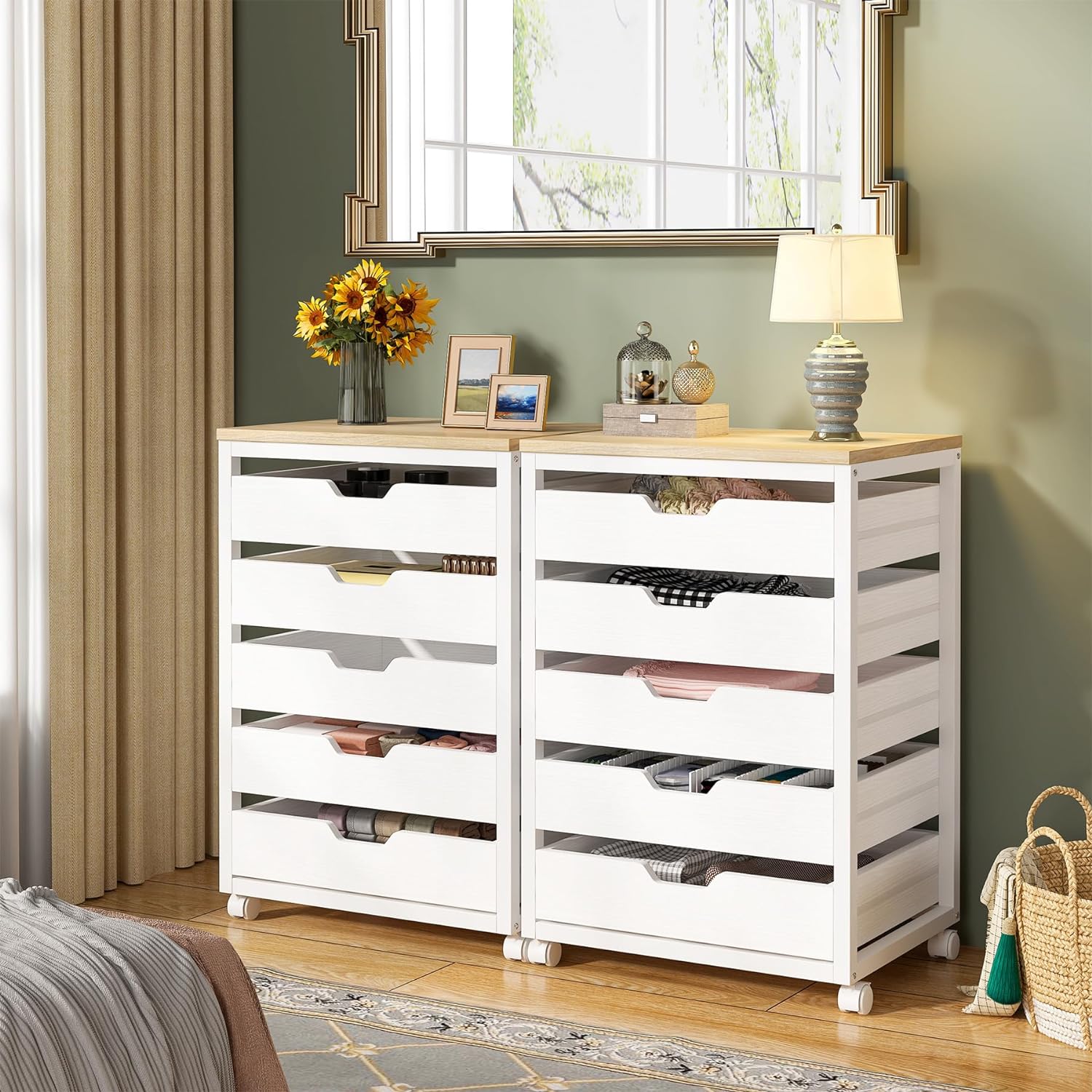 Tribesigns 5-Drawer File Cabinet, Wood Mobile Storage Drawer Unit, Modern Office Cabinet with Drawers & Wheels, Rolling Printer Stand for Home Office (White)