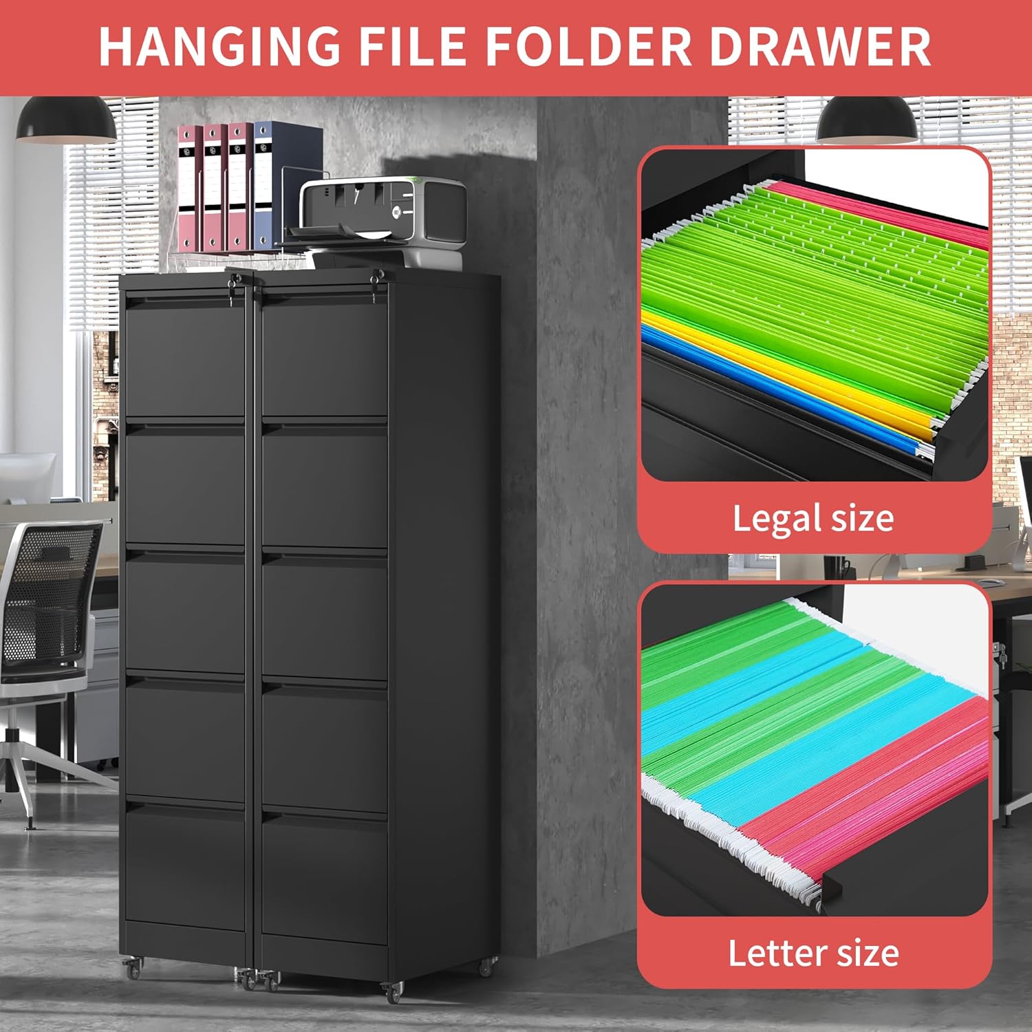 5 Drawer File Cabinet with Wheels,Metal Mobile Filing Cabinets with Lock,Black Rolling File Cabinet for Home Office,Heavy Duty Storage Cabinet for A4/Letter/Legal Size File,Assembly Required