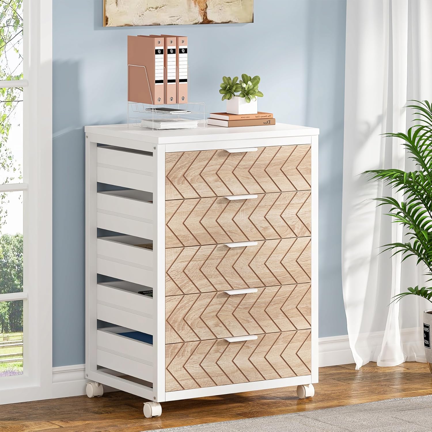 Tribesigns 5-Drawer File Cabinet, Wood Mobile Storage Drawer Unit, Modern Office Cabinet with Drawers & Wheels, Rolling Printer Stand for Home Office (White)