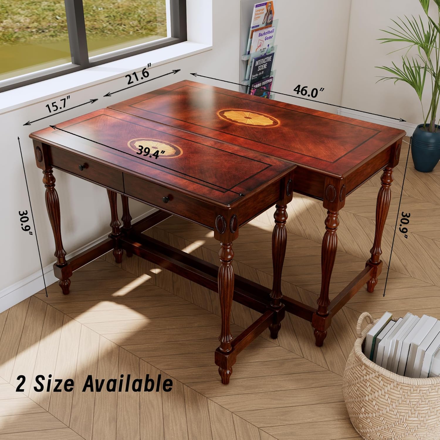 LEEMTORIG Vintage Solid Wood Writing Desk with Drawers, 46" W Antique Secretary Desk Cherry Wood Writing Table for Home Office, Victorian Style Mahogany Desks, Cherry Walnut BSZ-1533-WD