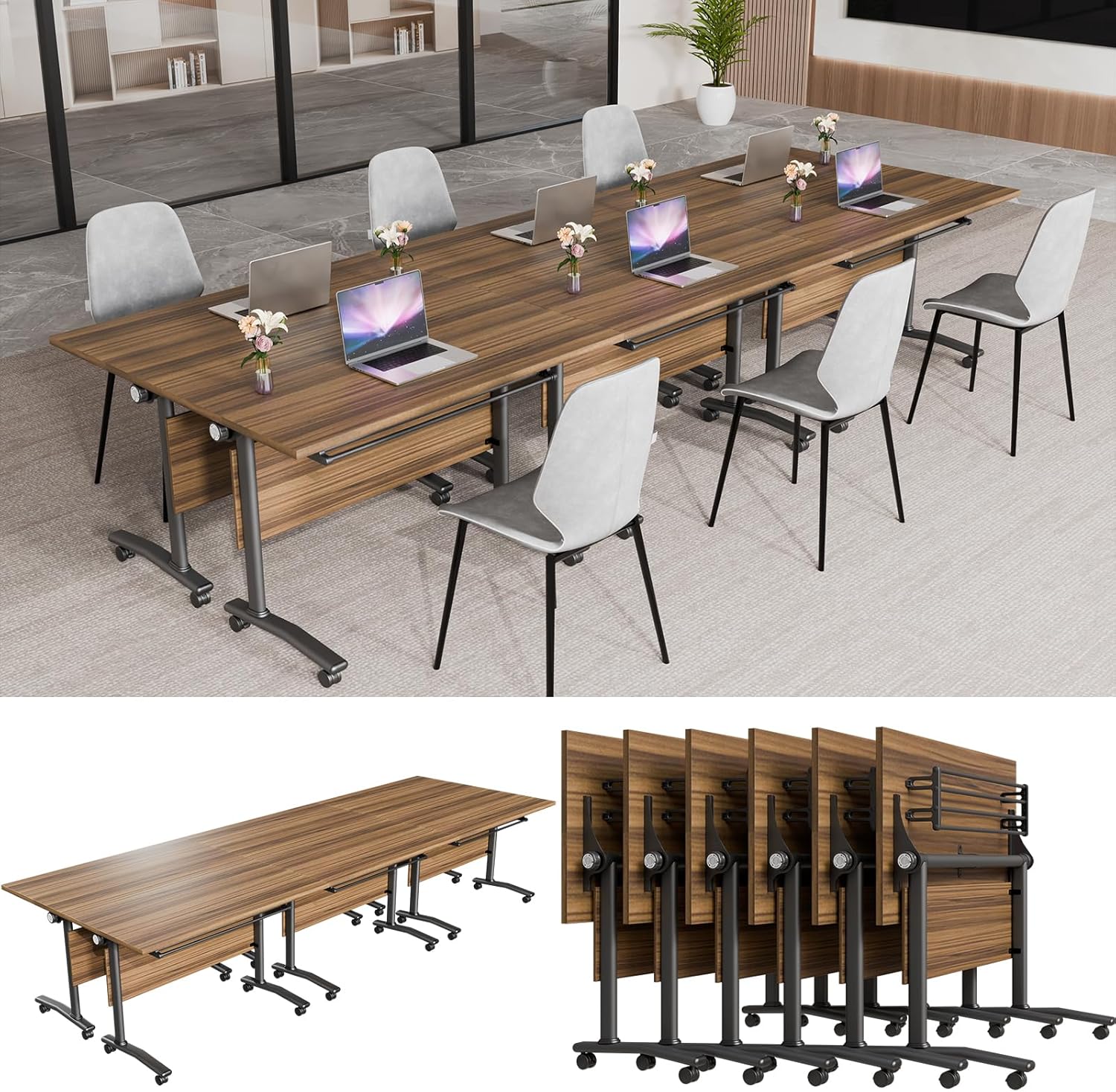 Conference Table, Modern Folding Meeting Tables with Flip Top, Mobile Podcast Table with Four Locking Wheels, Large Training Table for Meeting Room, Office, Classroom (4, A, 55.1in)