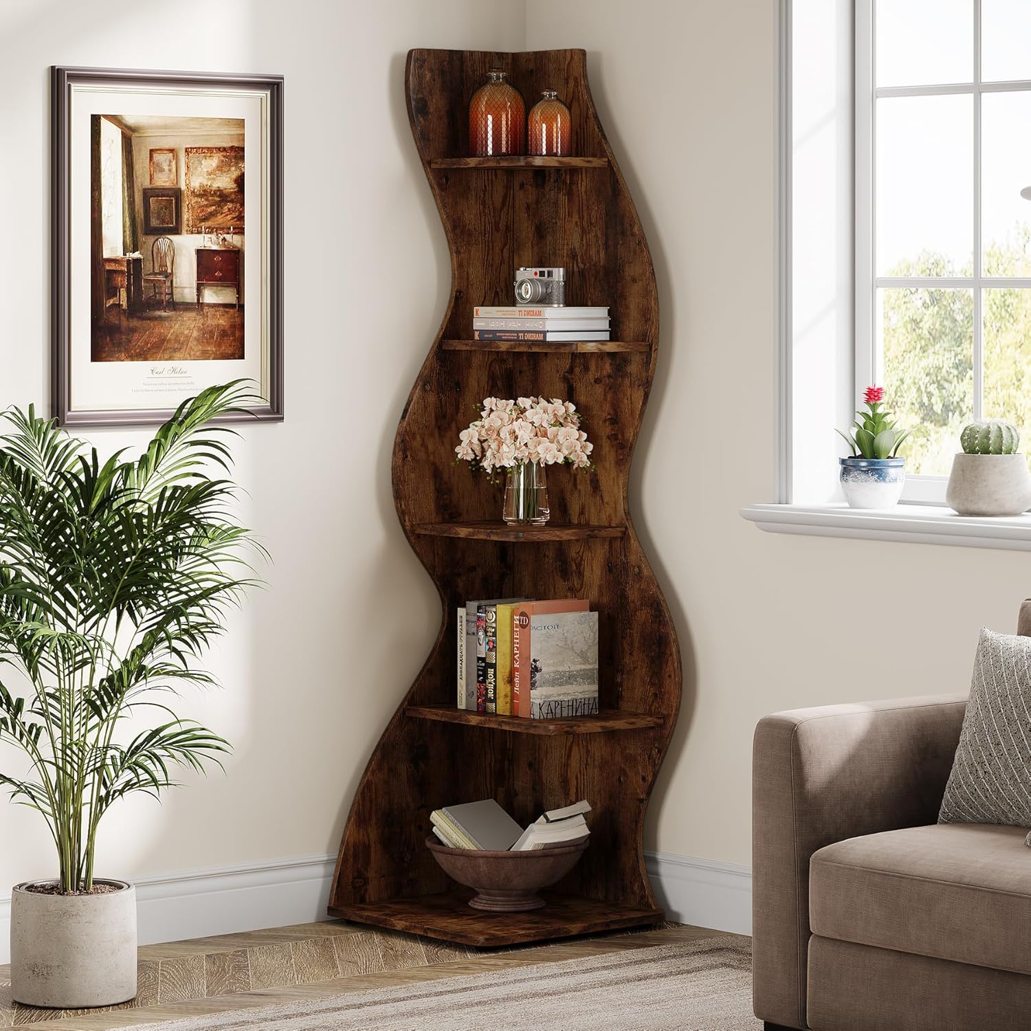 Tribesigns Wavy Corner Shelf, Modern 5-Tier Bookshelf Bookcase with Curvy Shape, Unique Plant Stand Display Rack for Living Room Small Space (Green)