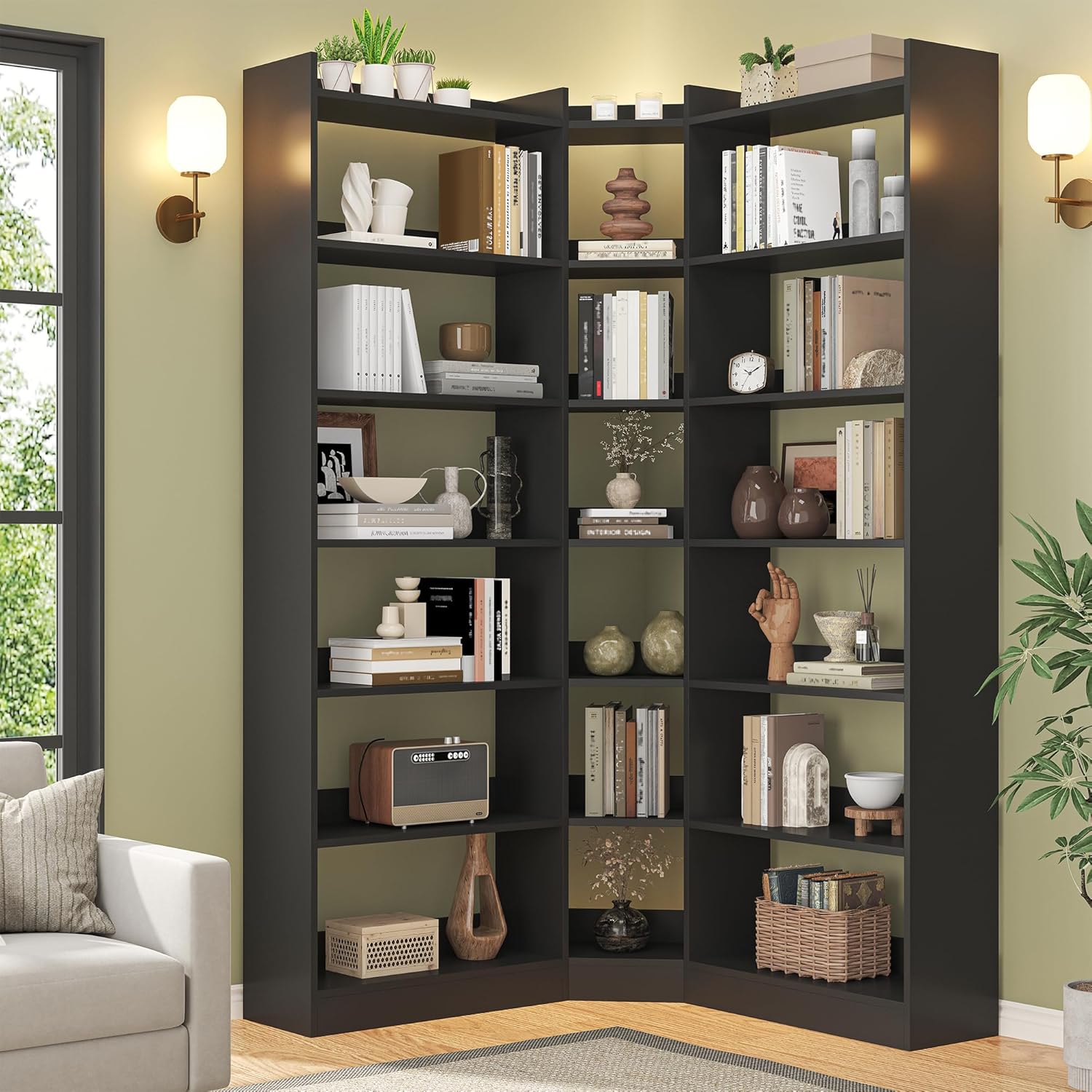 Semoic 70.8" Tall Corner Bookshelf, 7 Tiers Large Etagere Bookcases with Baffles, L-Shaped Modern Storage Display Rack Industrial Bookshelves for Bedroom, Home Office, Living Room & Kitchen, Black