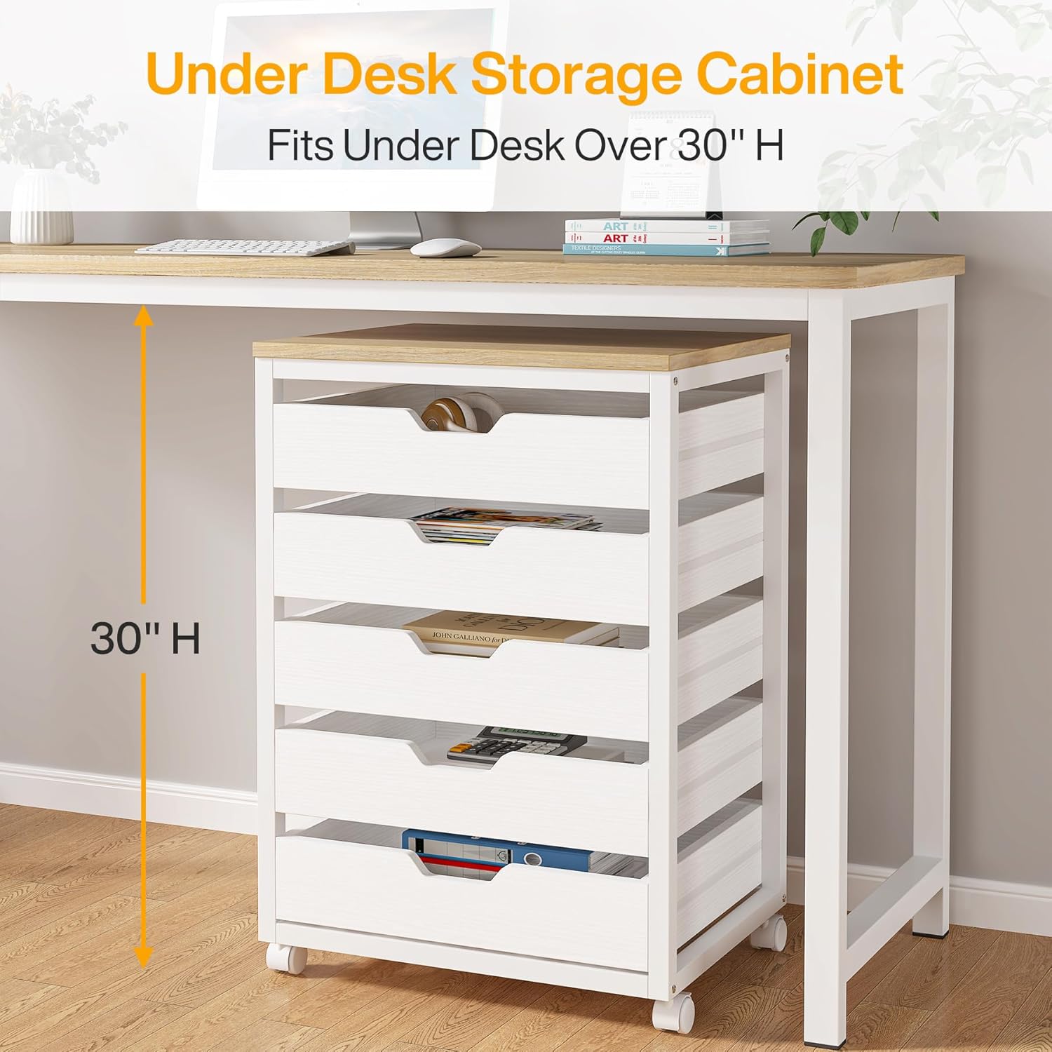 Tribesigns 5-Drawer File Cabinet, Wood Mobile Storage Drawer Unit, Modern Office Cabinet with Drawers & Wheels, Rolling Printer Stand for Home Office (White)