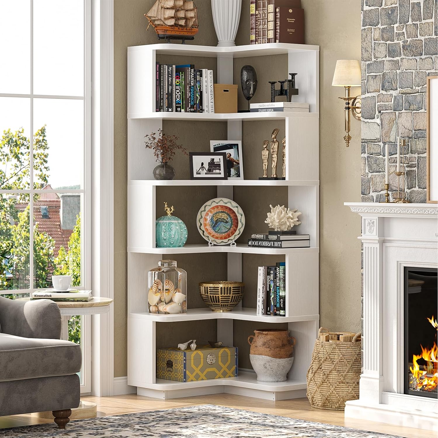 Armocity Corner Book Shelf - 6 Tier Corner Bookshelf Etagere Bookcase with Baffle, Freestanding L Shaped Display Shelf Stand for Home Office, Living Room, Bedroom, Kitchen, White