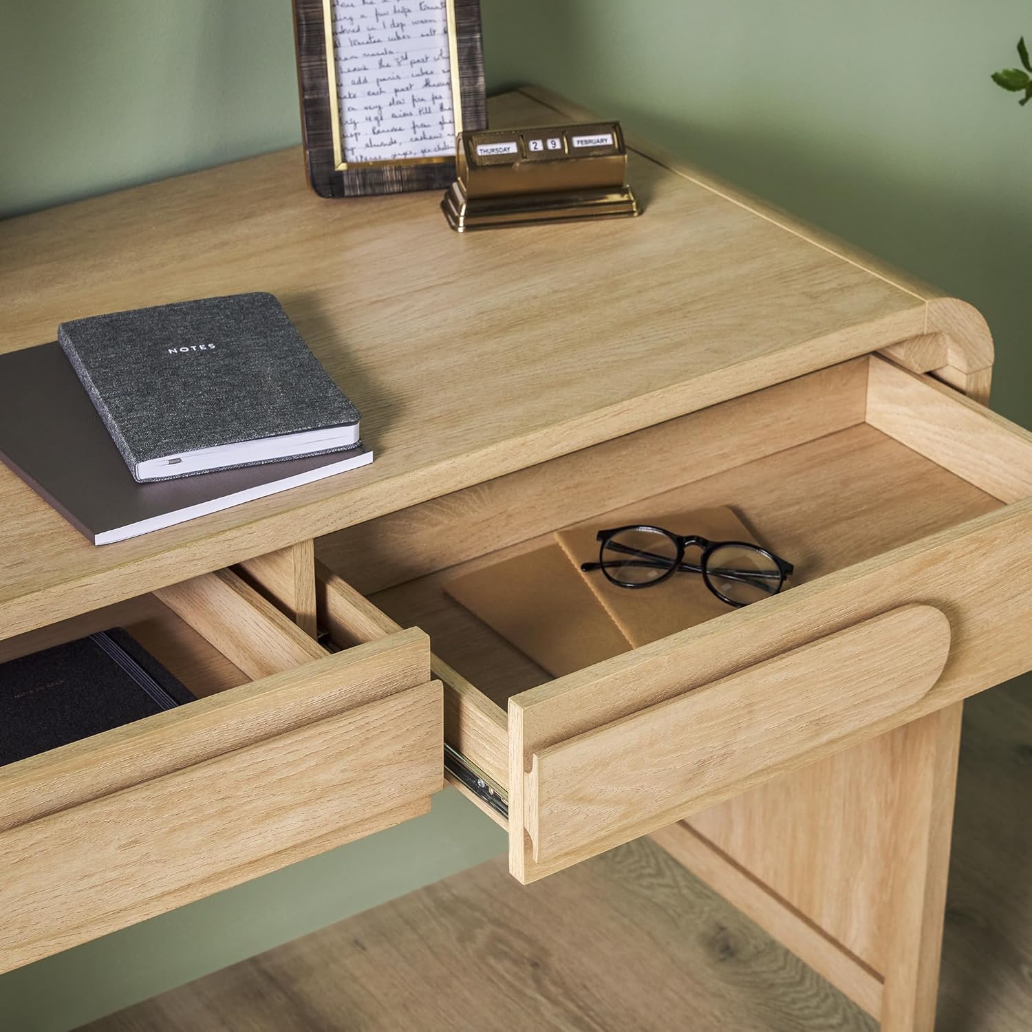 Walker Edison Modern Curved Waterfall Desk with Drawers, Rounded Edge Desk for Home Office or Living Space, Statement Console Table with Oversized Drawer Pulls, 45”W x 20”D x 30”H, Coastal Oak