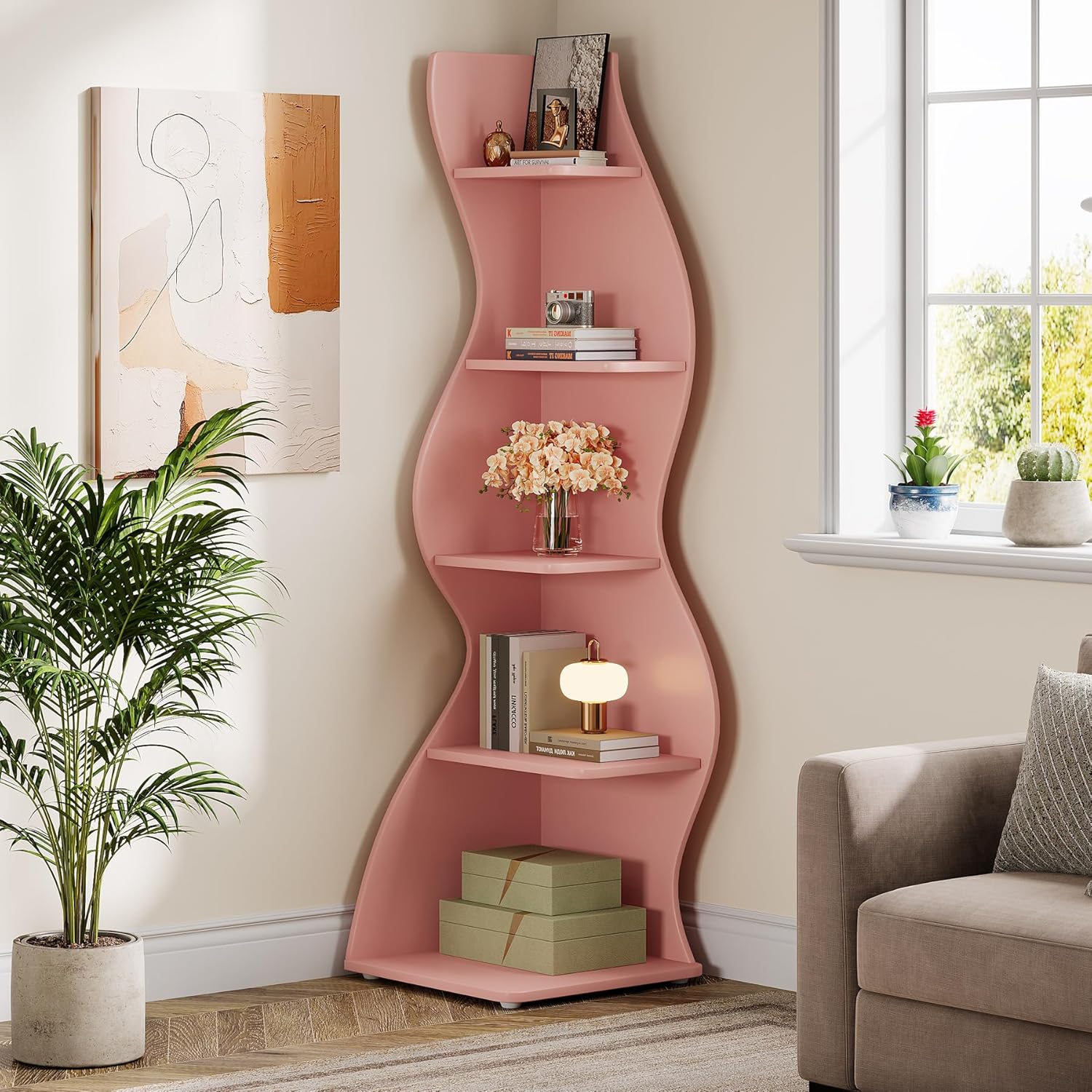 Tribesigns Wavy Corner Shelf, Modern 5-Tier Bookshelf Bookcase with Curvy Shape, Unique Plant Stand Display Rack for Living Room Small Space (Green)