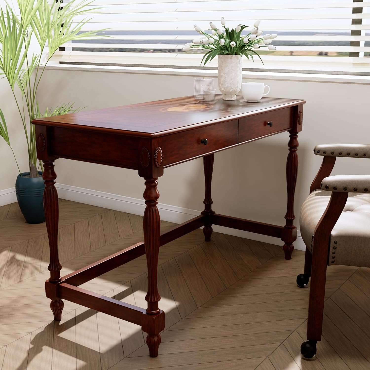 LEEMTORIG Vintage Solid Wood Writing Desk with Drawers, 46" W Antique Secretary Desk Cherry Wood Writing Table for Home Office, Victorian Style Mahogany Desks, Cherry Walnut BSZ-1533-WD