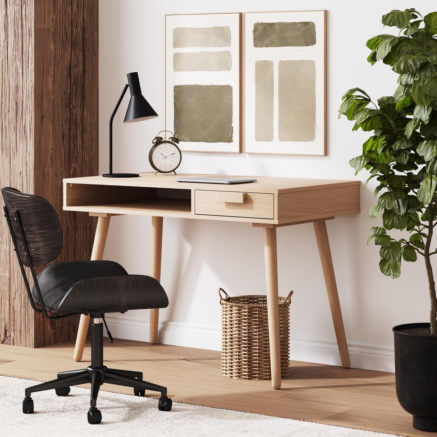 Nathan James Parker Modern Home Office Writing, Computer or Laptop Desk with Open Storage Cubby and Small Drawer, Walnut