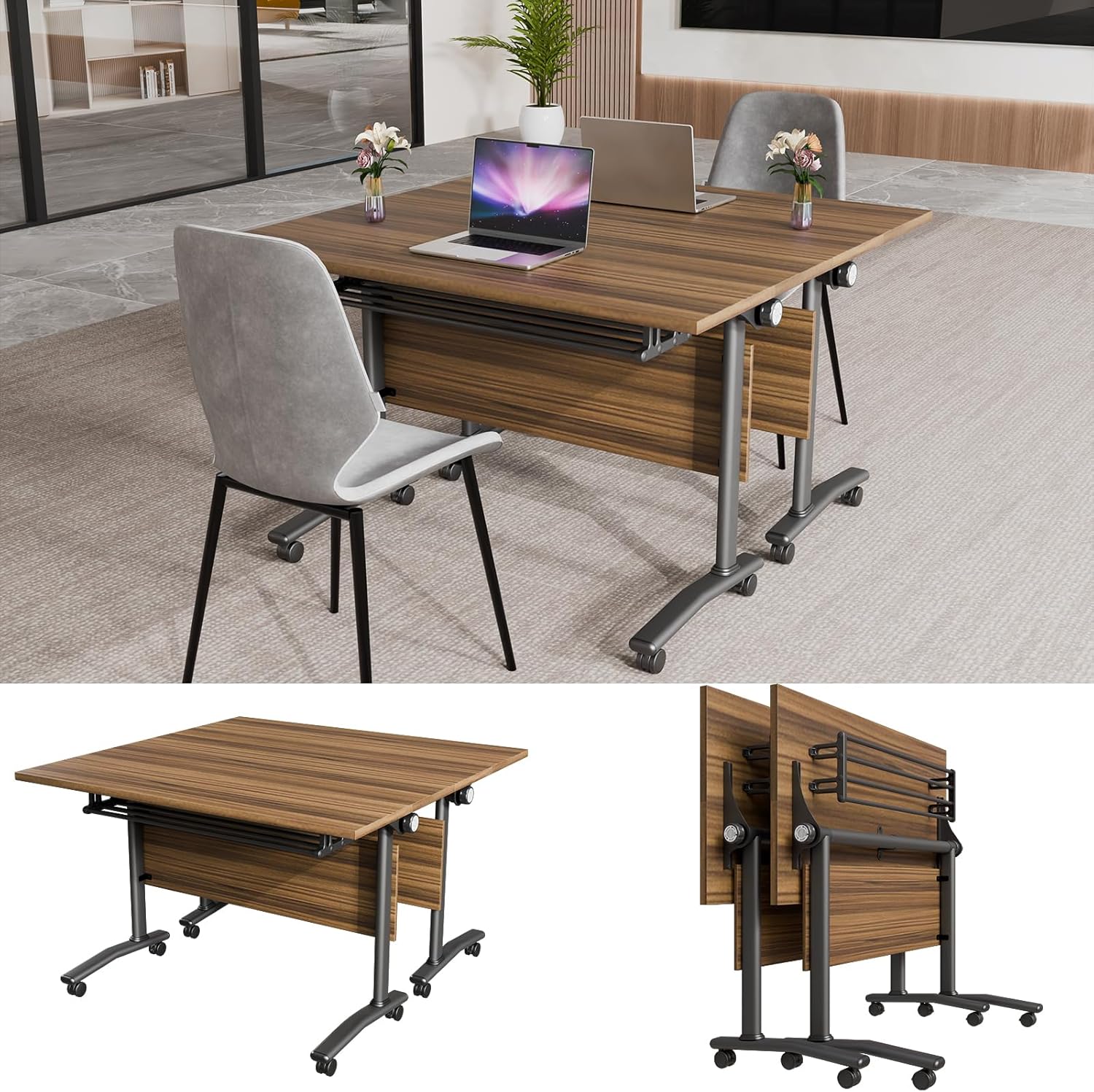 Conference Table, Modern Folding Meeting Tables with Flip Top, Mobile Podcast Table with Four Locking Wheels, Large Training Table for Meeting Room, Office, Classroom (4, A, 55.1in)