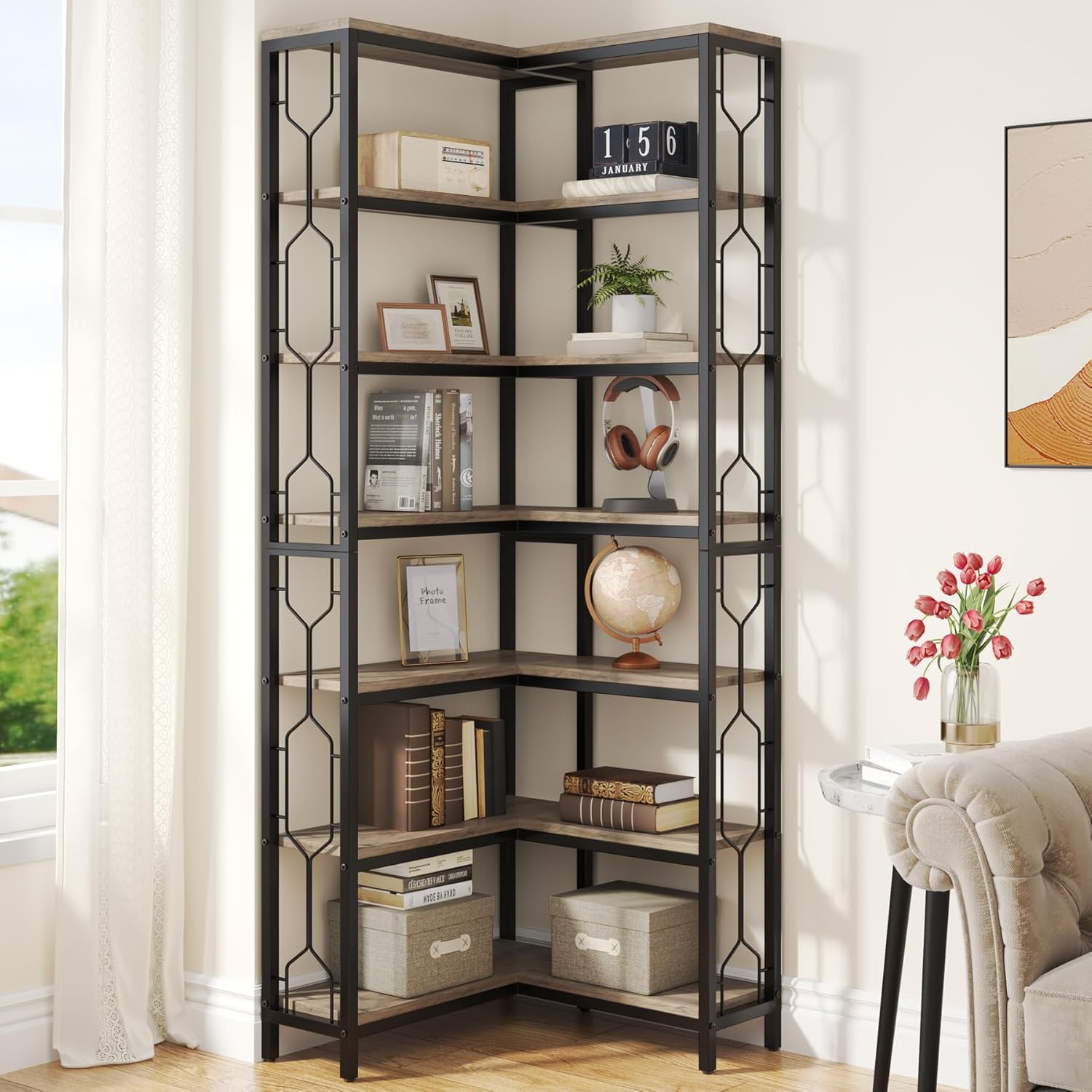 Tribesigns Corner Shelf, 7-Tier Industrial Corner Bookshelf, Wood and Metal Etagere Bookcase, Freestanding Display Shelf for Living Room, Kitchen, Home Office, Rustic Brown