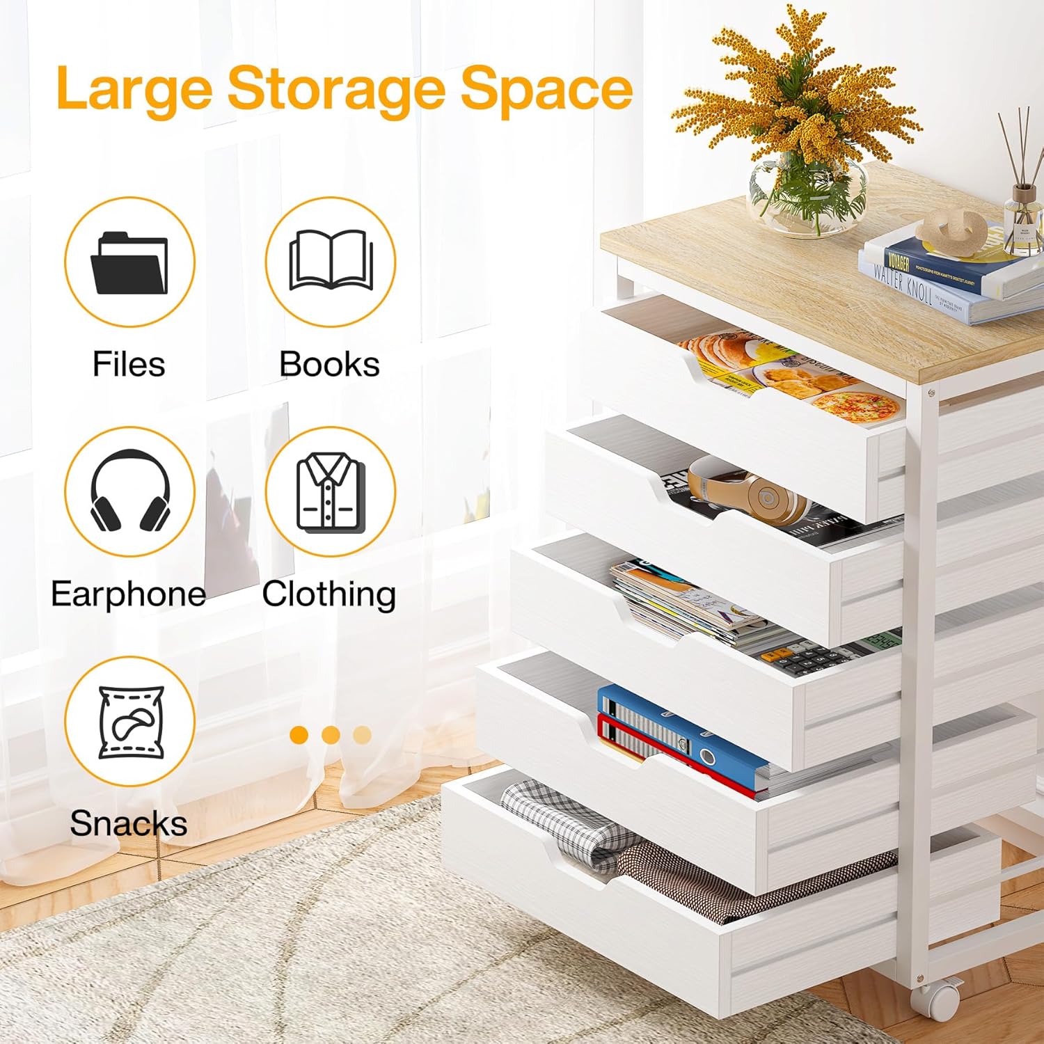 Tribesigns 5-Drawer File Cabinet, Wood Mobile Storage Drawer Unit, Modern Office Cabinet with Drawers & Wheels, Rolling Printer Stand for Home Office (White)