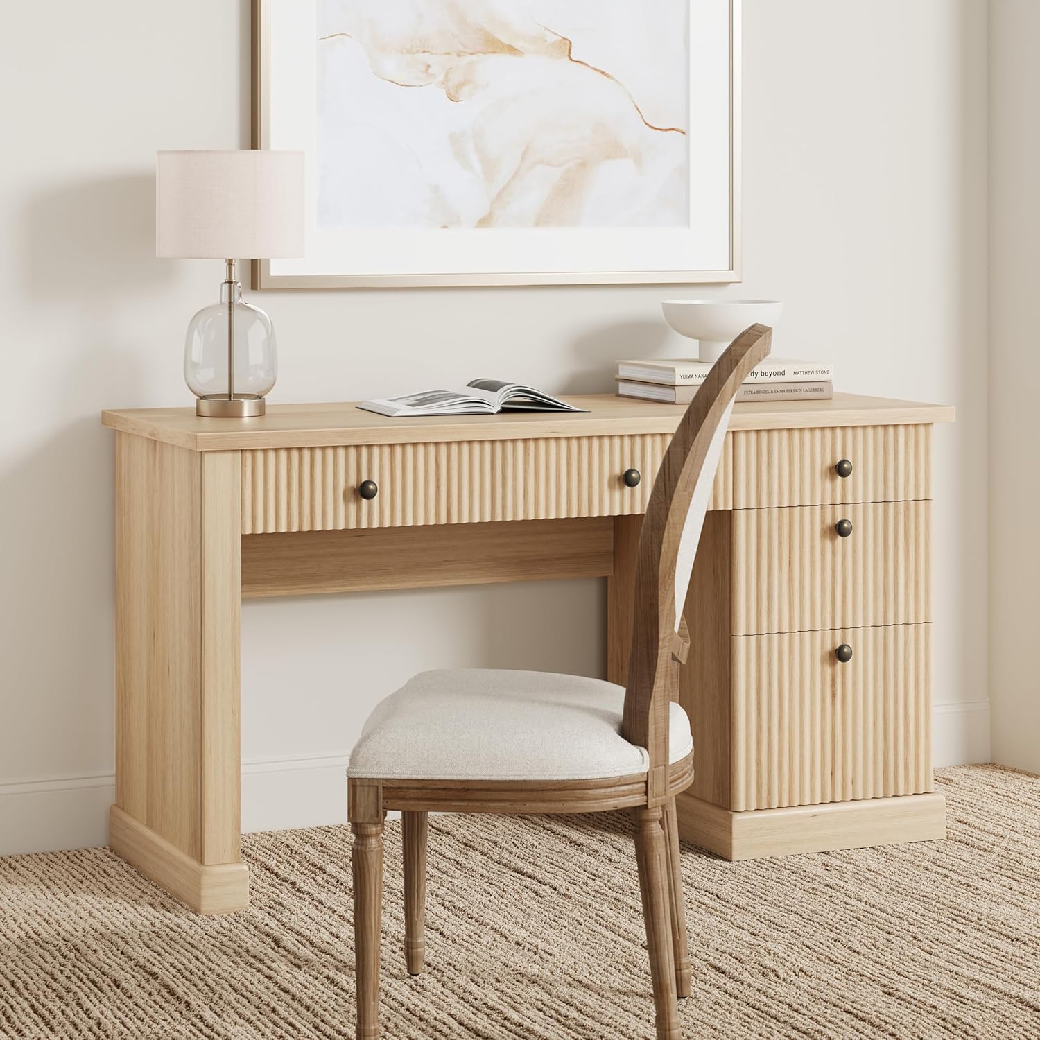 Garvee Fluted Home Office Desk Storage, 54" Modern Executive Desk with Charging Station, Wooden Computer Writing Desk with File Drawers for Study Room (Burlywood, 54.0”L x 21.6 "D x 30.0" H)
