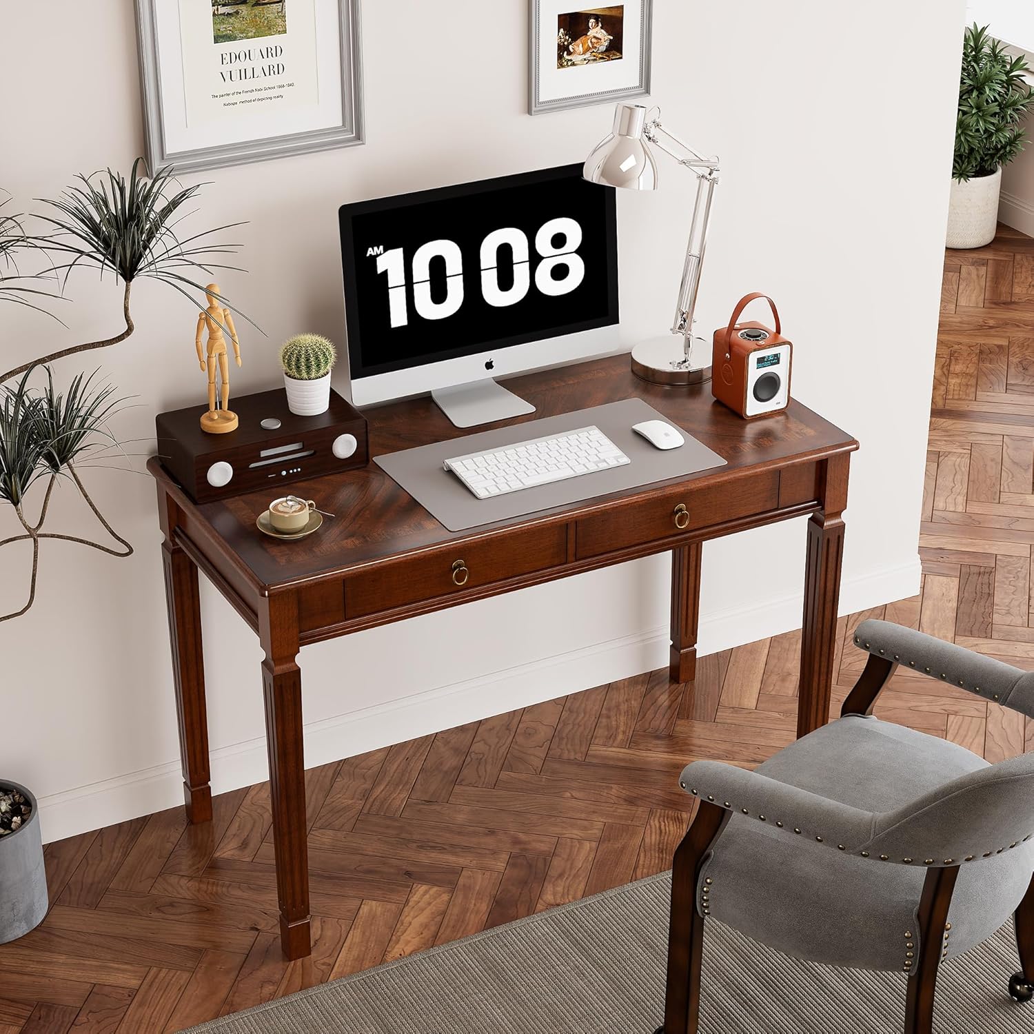 LEEMTORIG Vintage Solid Wood Writing Desk with 2 Drawers, 46.1" W Large Secretary Desk, Cherry Wood Writing Table for Home Office, Traditional French Provincial Mahogany Desk, Cherry Walnut BSZ-D1258