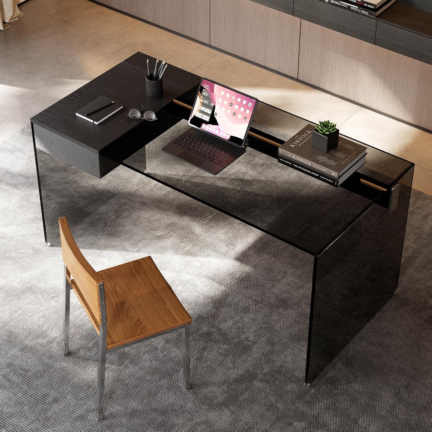 Clear Tempered Glass Writing Desk – Minimalist Modern Computer Table with Metal Joints for Home Office or Study (Black Glass Desk)