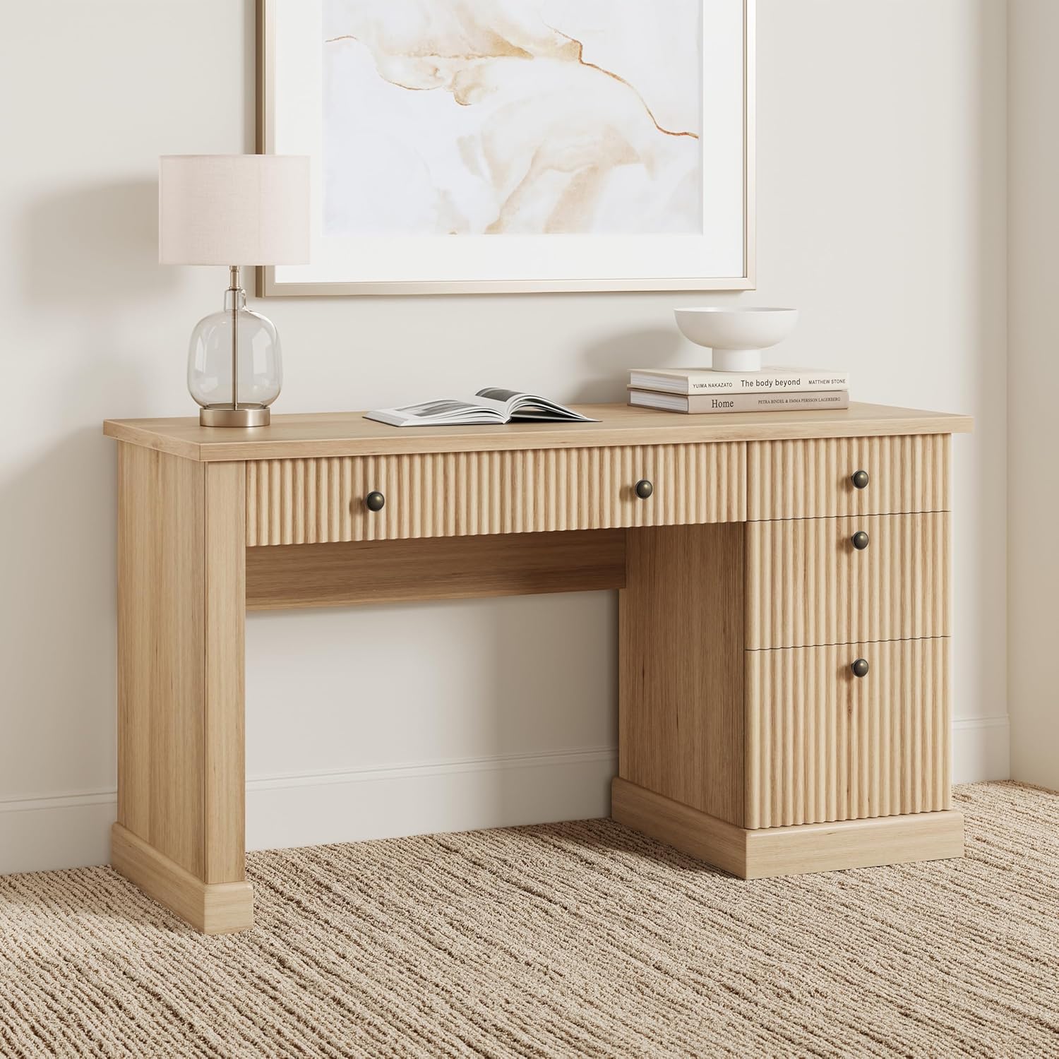 Garvee Fluted Home Office Desk Storage, 54" Modern Executive Desk with Charging Station, Wooden Computer Writing Desk with File Drawers for Study Room (Burlywood, 54.0”L x 21.6 "D x 30.0" H)