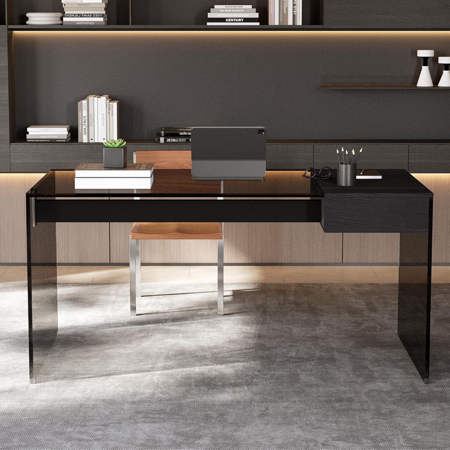 Clear Tempered Glass Writing Desk – Minimalist Modern Computer Table with Metal Joints for Home Office or Study (Black Glass Desk)