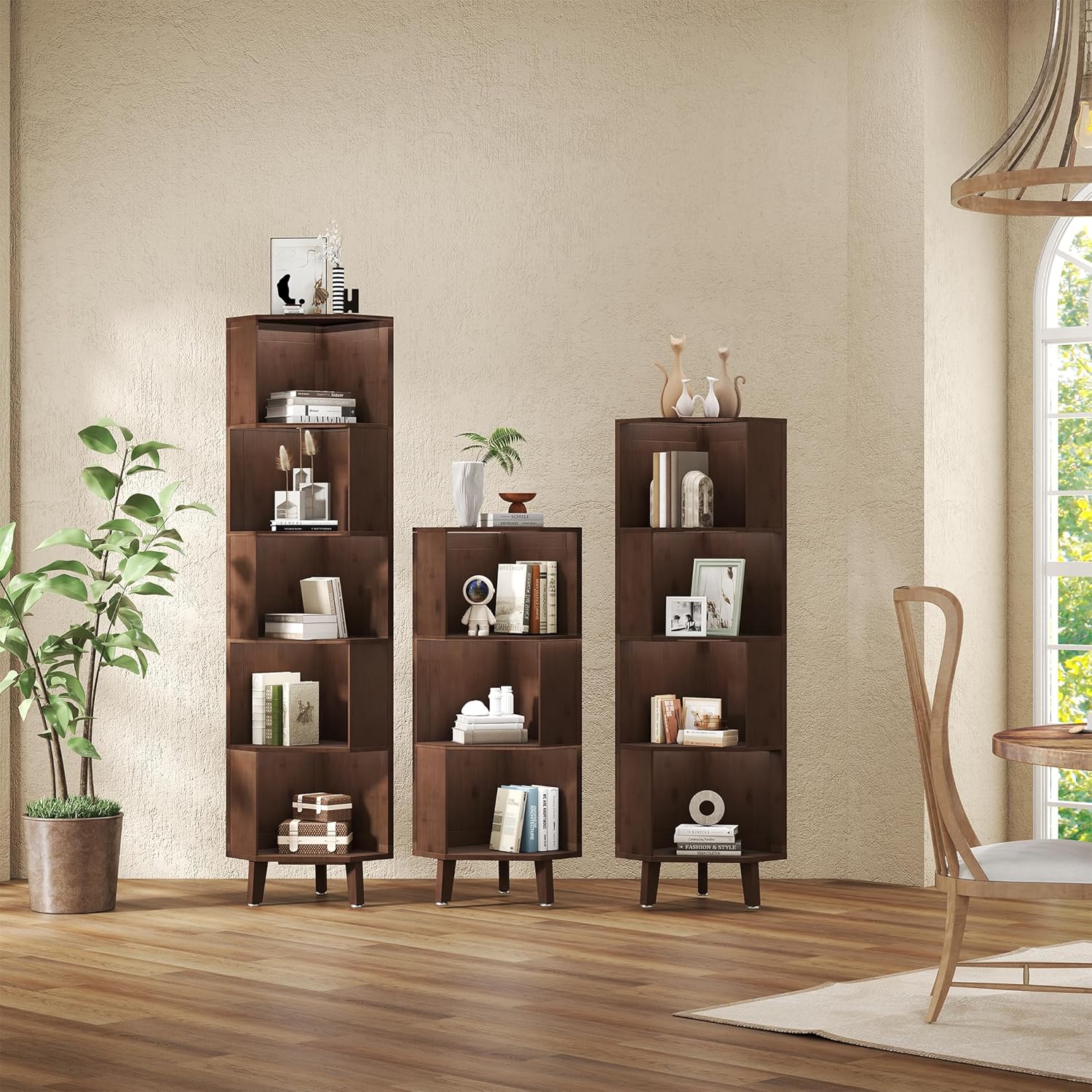 5-Tier Corner Bookshelf Bamboo Bookcase 71.5″ Corner Storage Shelves for Living Room,Bedroom,Kitchen, Study,Home Office