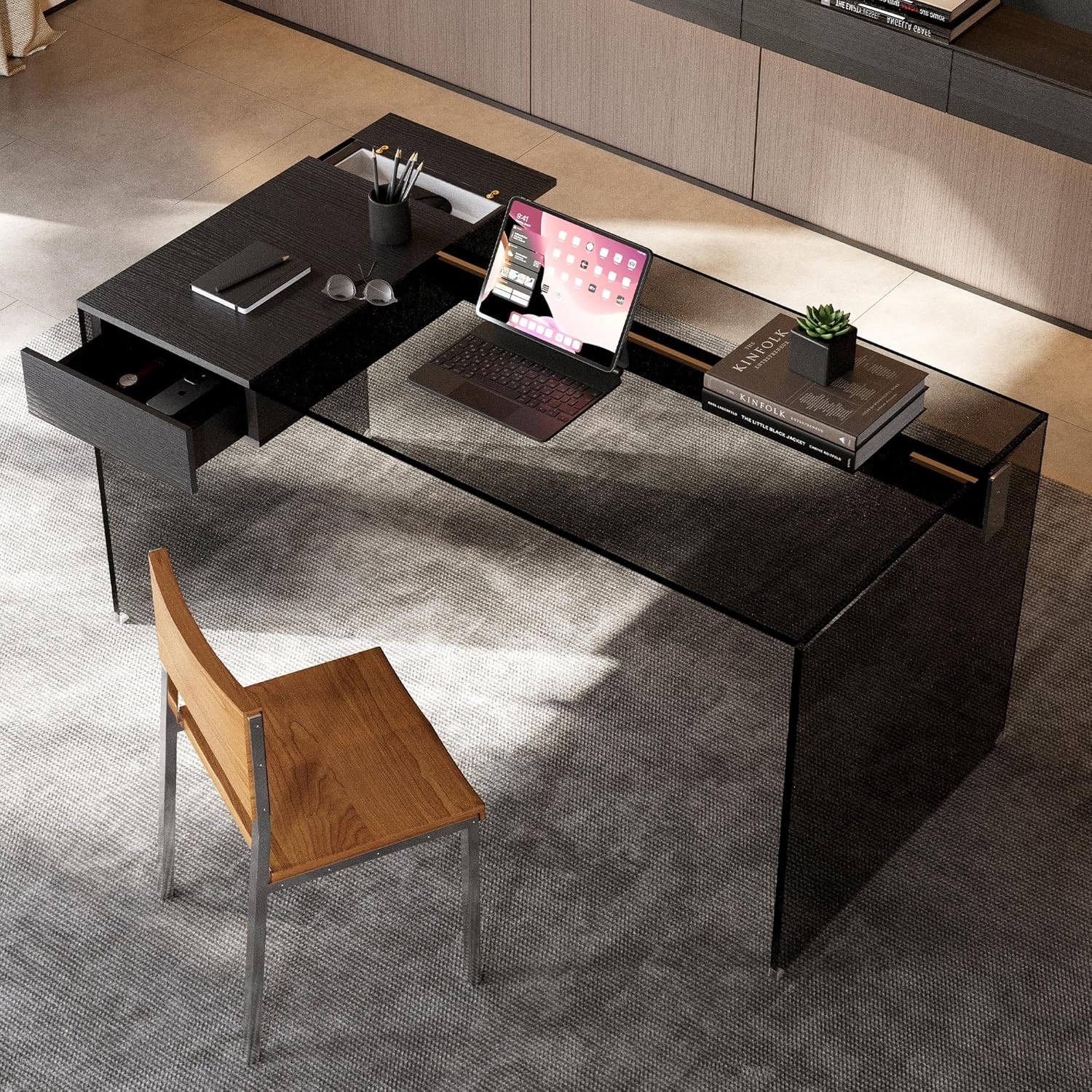 Clear Tempered Glass Writing Desk – Minimalist Modern Computer Table with Metal Joints for Home Office or Study (Black Glass Desk)