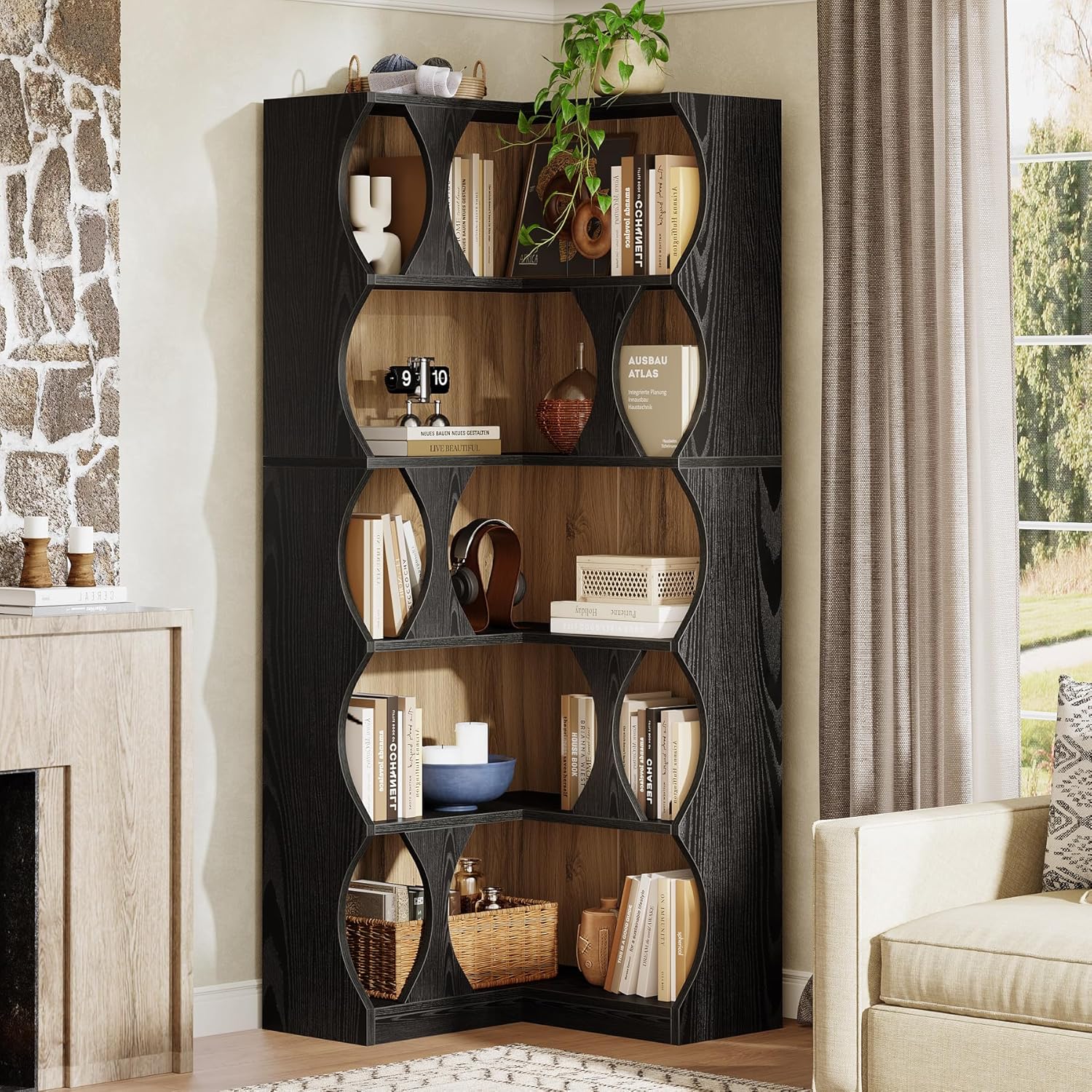 Tribesigns Corner Bookshelf, 71" Tall Corner Bookcase, 5-Tier Black L-Shaped Bookshelves Display Etagere Shelf for Home Office, Living Room, Bedroom