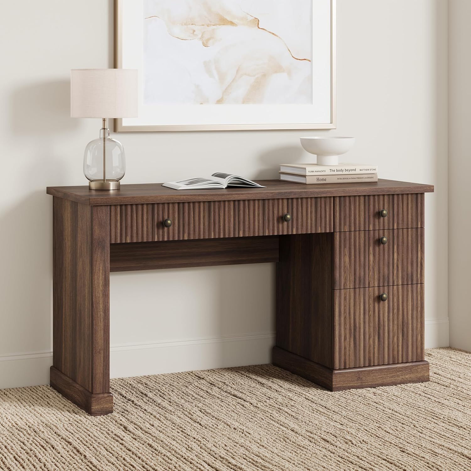 Garvee Fluted Home Office Desk Storage, 54" Modern Executive Desk with Charging Station, Wooden Computer Writing Desk with File Drawers for Study Room (Burlywood, 54.0”L x 21.6 "D x 30.0" H)