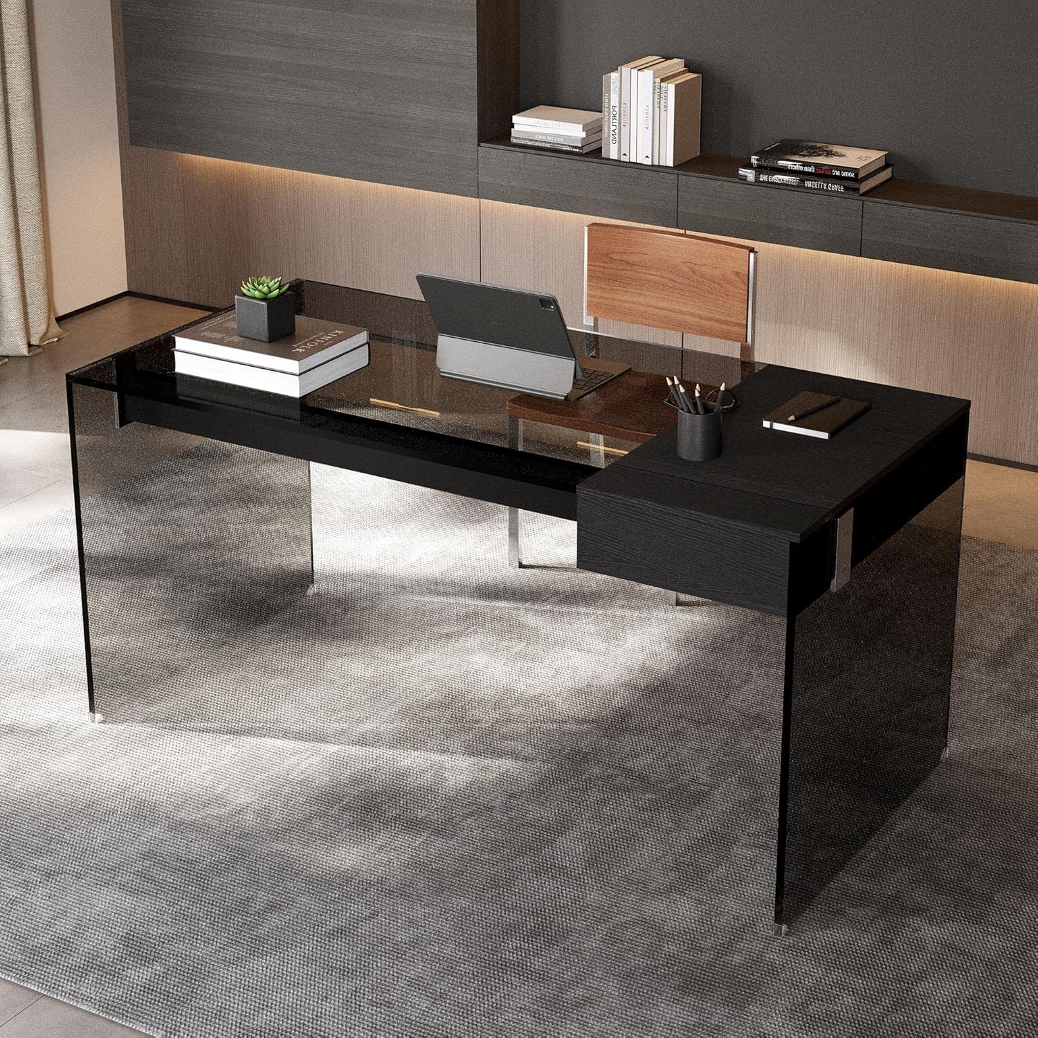 Clear Tempered Glass Writing Desk – Minimalist Modern Computer Table with Metal Joints for Home Office or Study (Black Glass Desk)