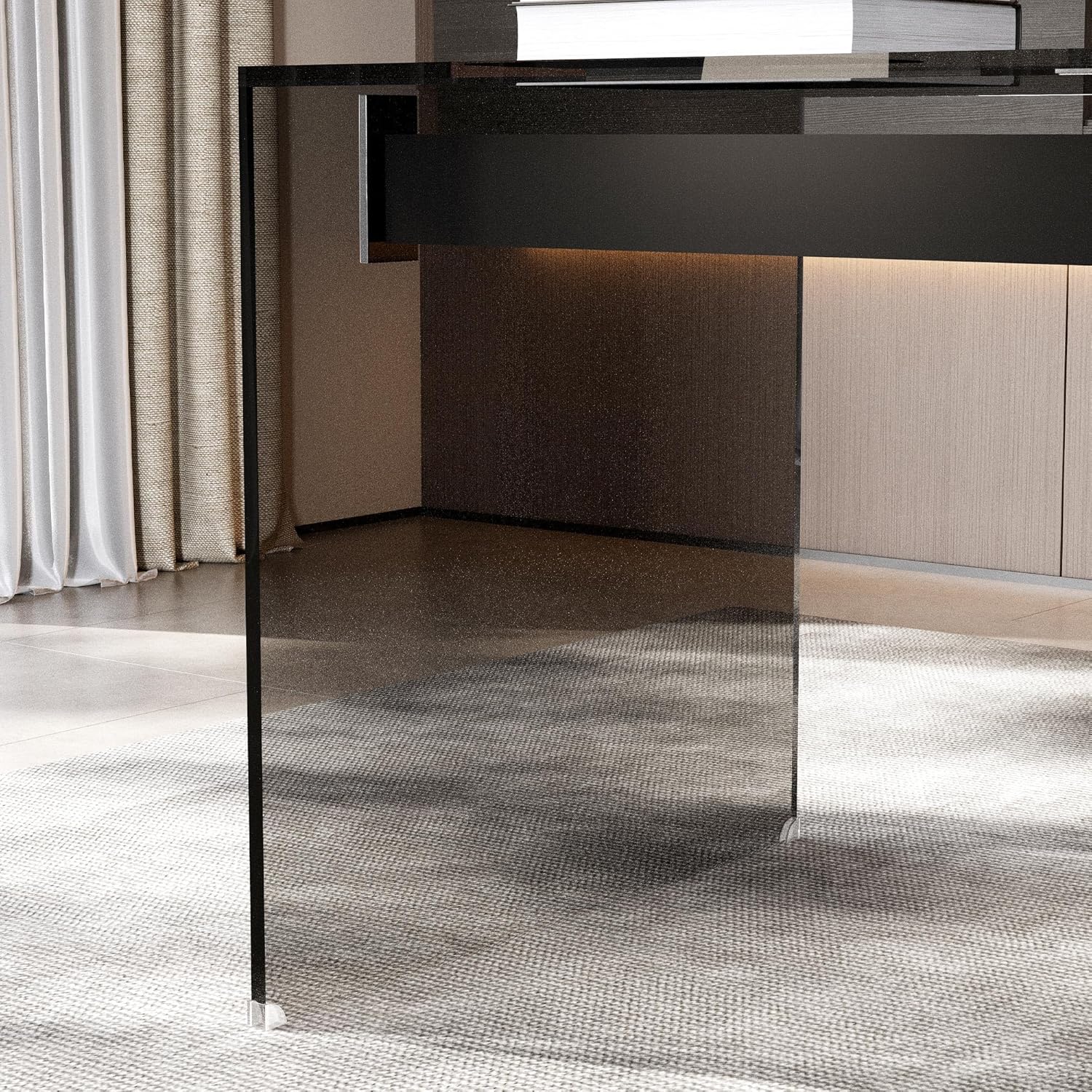 Clear Tempered Glass Writing Desk – Minimalist Modern Computer Table with Metal Joints for Home Office or Study (Black Glass Desk)