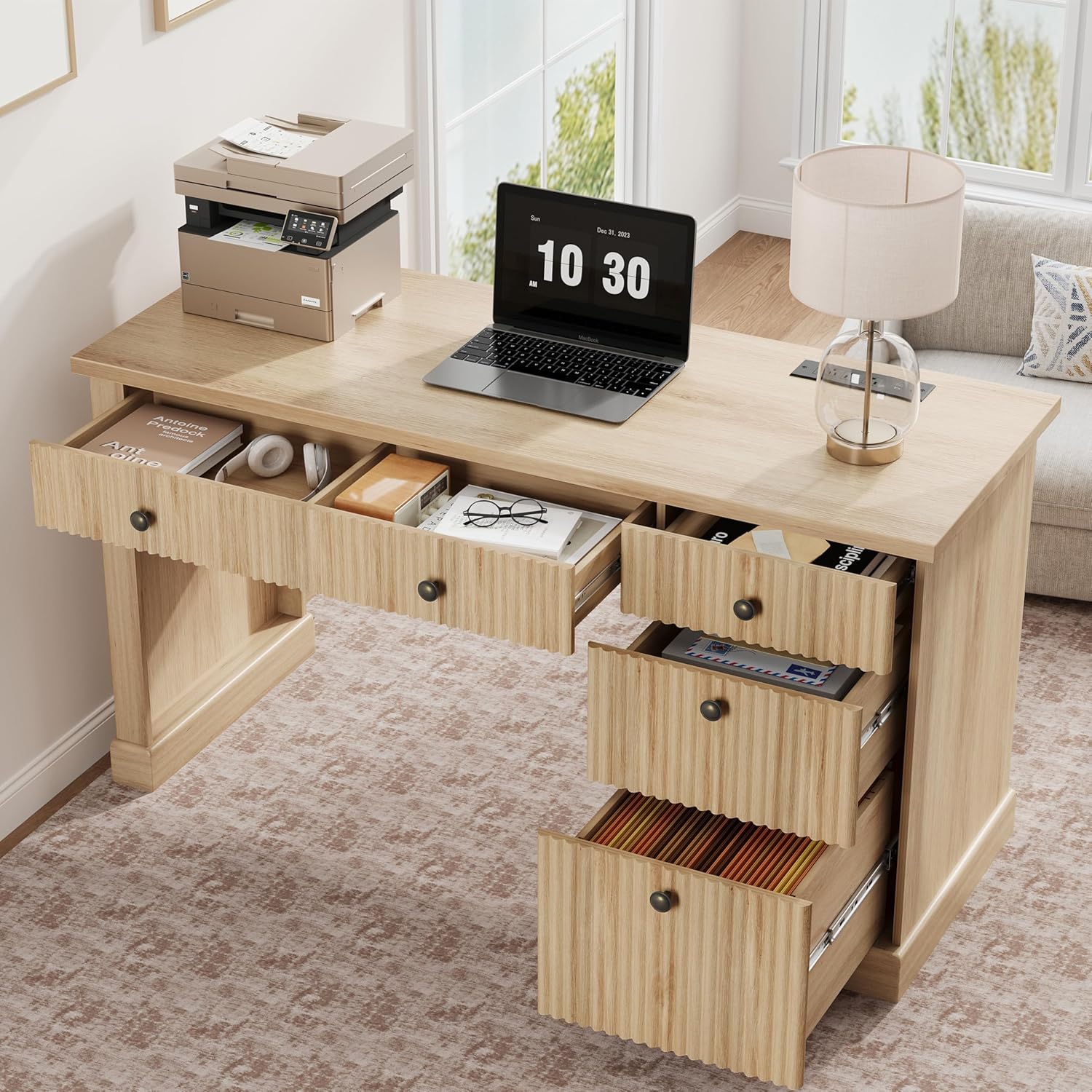 Garvee Fluted Home Office Desk Storage, 54" Modern Executive Desk with Charging Station, Wooden Computer Writing Desk with File Drawers for Study Room (Burlywood, 54.0”L x 21.6 "D x 30.0" H)