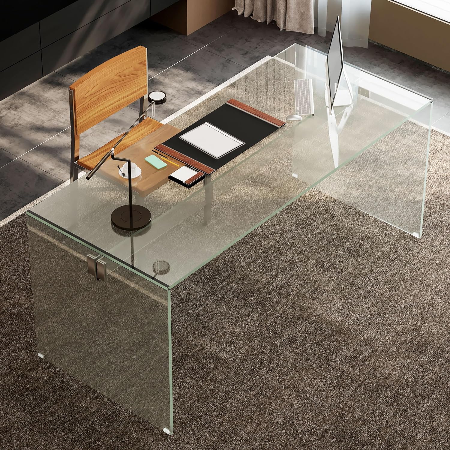 Clear Tempered Glass Writing Desk – Minimalist Modern Computer Table with Metal Joints for Home Office or Study (Black Glass Desk)
