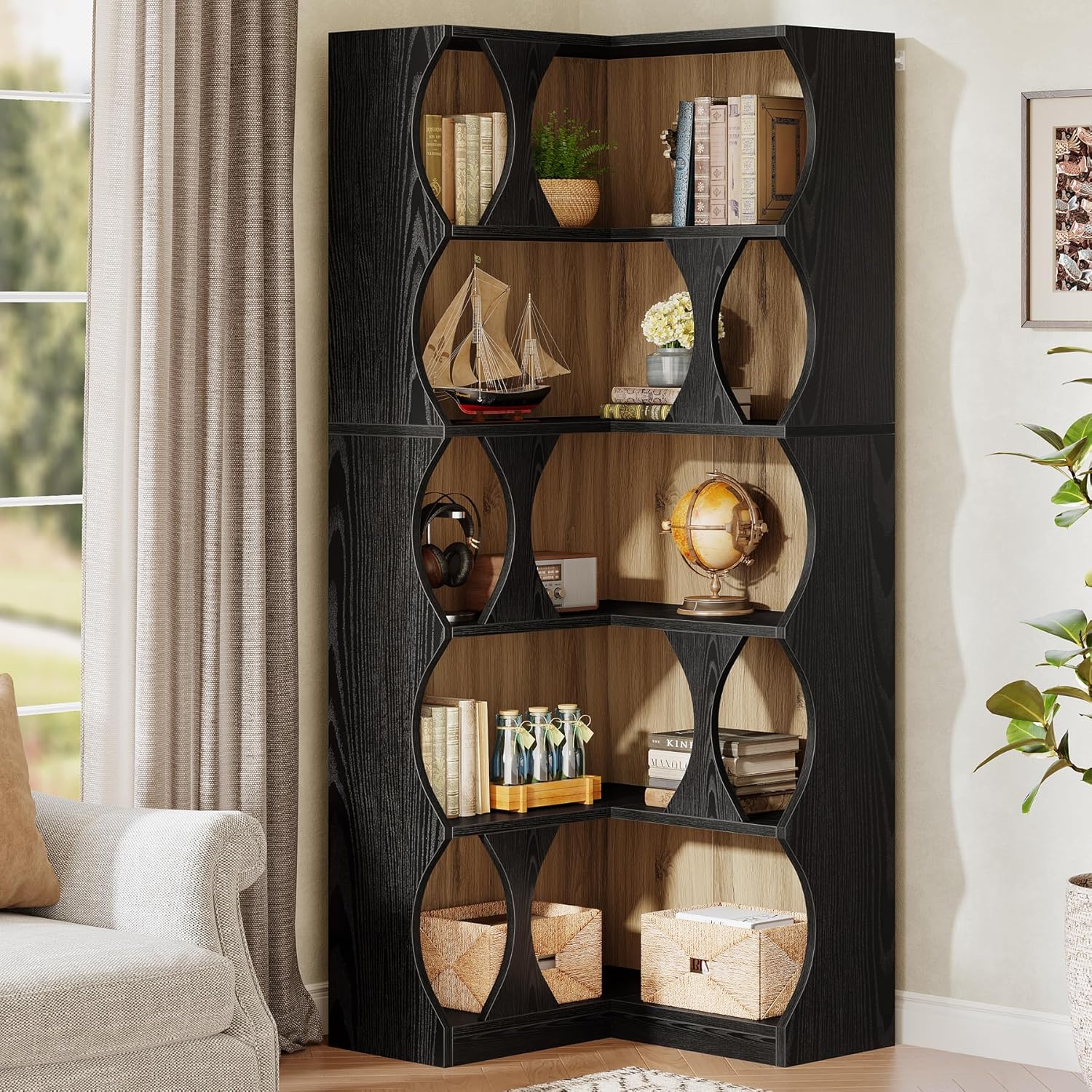 Tribesigns Corner Bookshelf, 71" Tall Corner Bookcase, 5-Tier Black L-Shaped Bookshelves Display Etagere Shelf for Home Office, Living Room, Bedroom