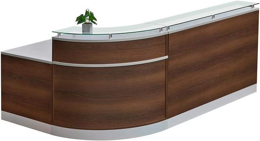 NBF L Shaped Modern Reception Desk with Counter - 79" W x 63" D Retail Checkout Counter - Curved Front Desk Reception Counter - Countertop Welcome Desk for Office Lobby Salon Store (Driftwood)