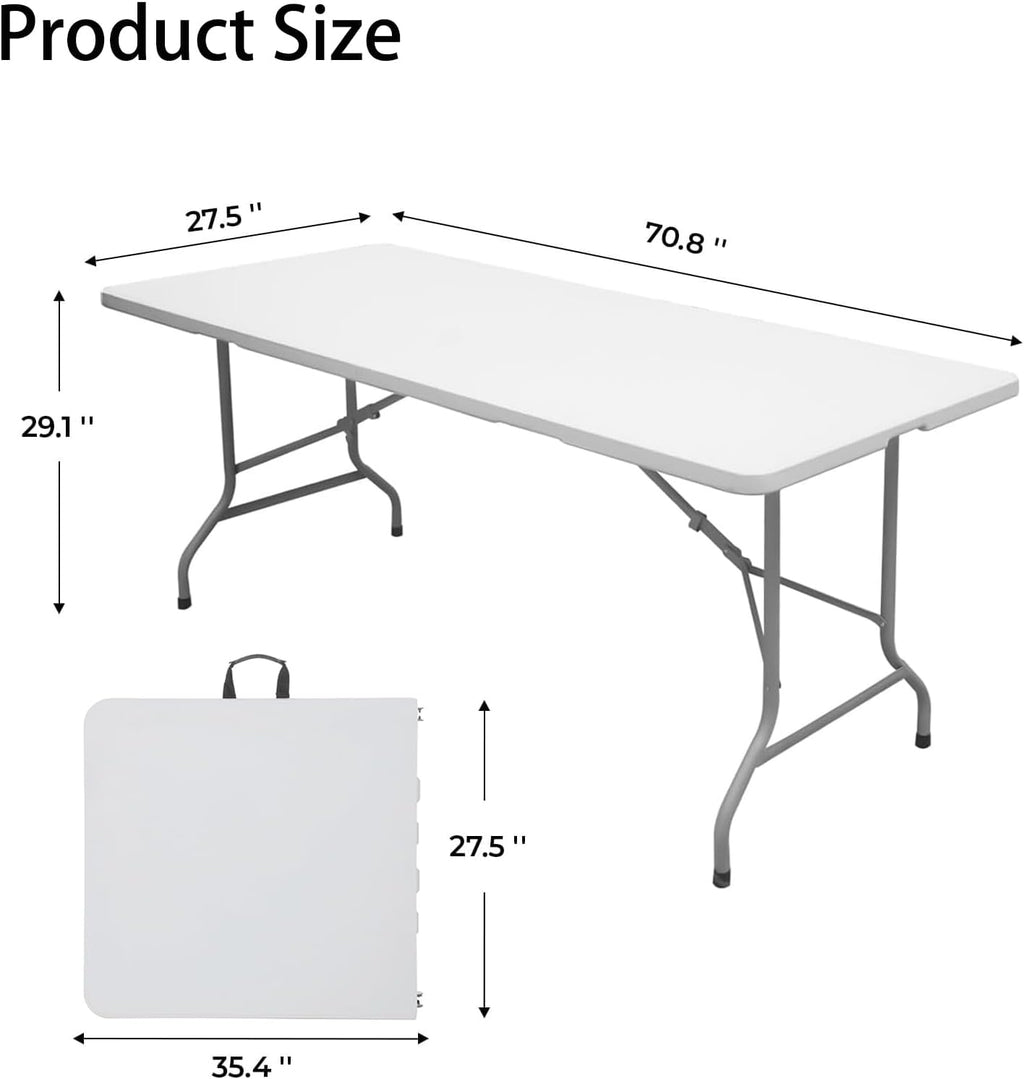Folding Table 6ft Plastic Table Indoor & Outdoor for Picnic, Camping,BBQ and Party, with Powder Coated Steel Legs and Built in Carry Handle, White