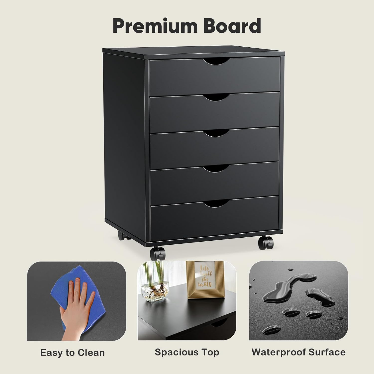 OLIXIS 5 Drawer Mobile File Cabinet Under Desk Storage Organization with Wheels Vertical Filing Chest Rolling Wood Small Desk Printer Stand for Home Office, 15.75"D x 18.74"W x 25.39"H, Black