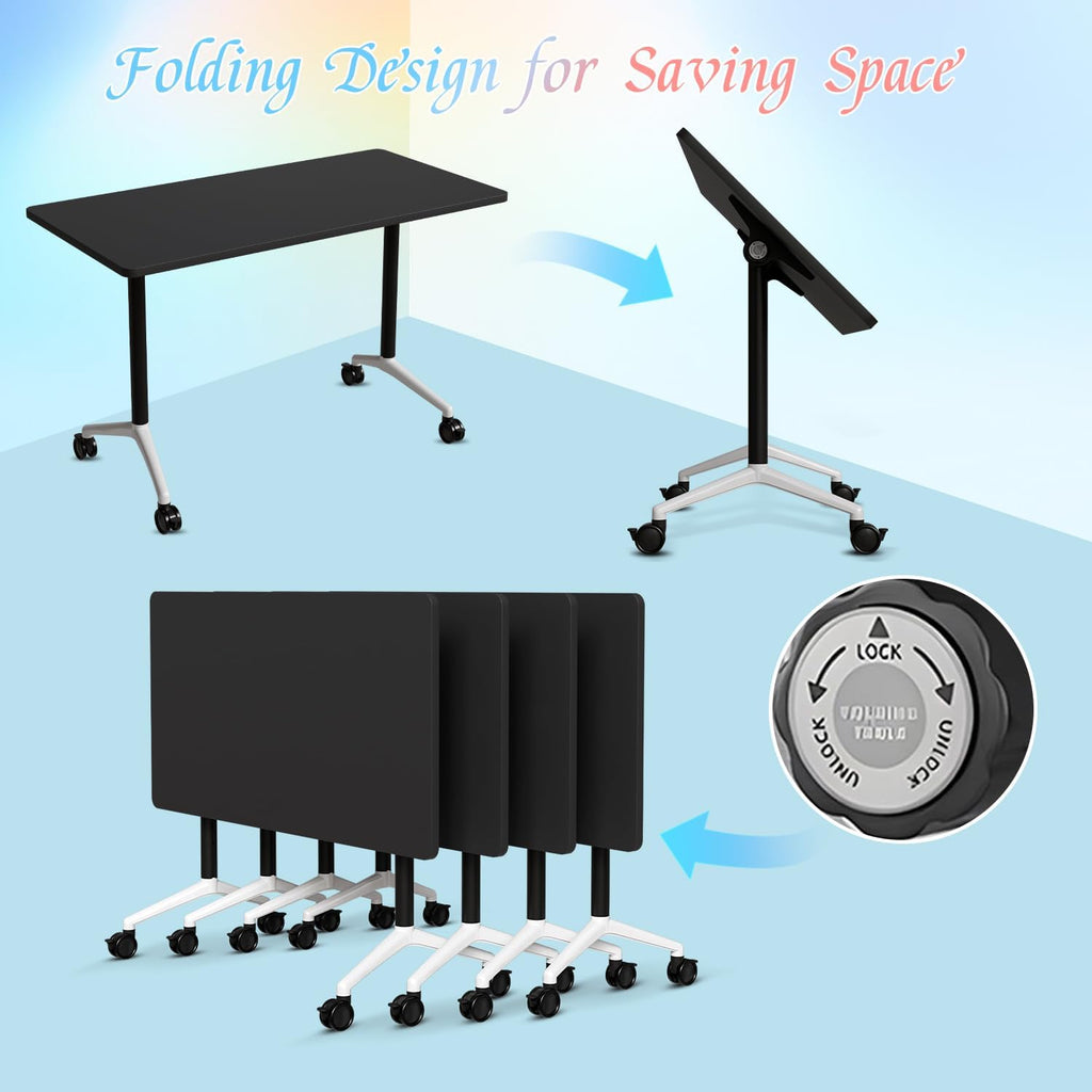Black Folding Conference Tables with Silent Wheels, 4 Pack Commercial Office Meeting & Training Seminar Tables, Mobile Modular Conference Room Table with Strong Metal Frame for Company, School
