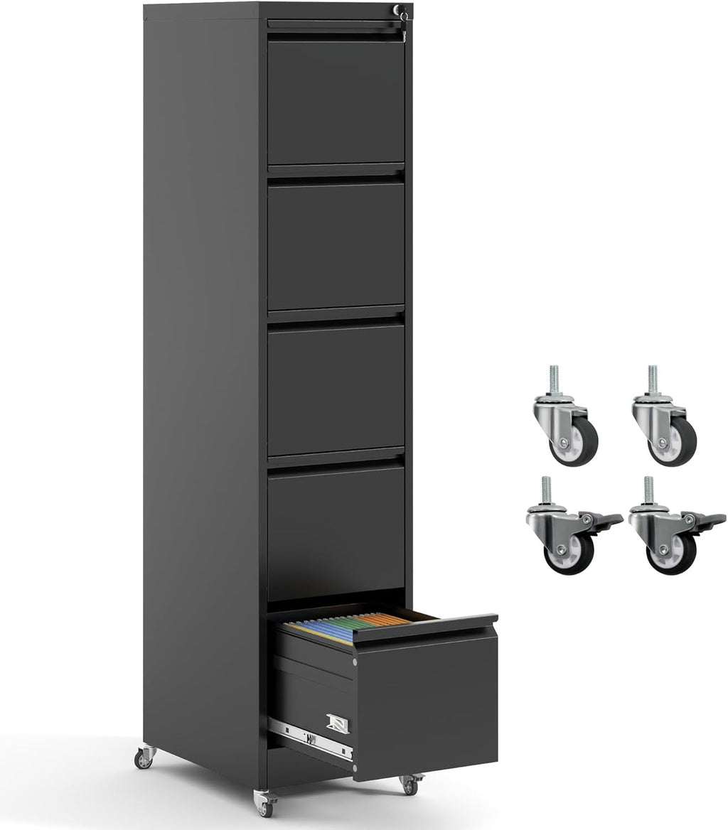 5 Drawer File Cabinet with Wheels,Metal Mobile Filing Cabinets with Lock,Black Rolling File Cabinet for Home Office,Heavy Duty Storage Cabinet for A4/Letter/Legal Size File,Assembly Required